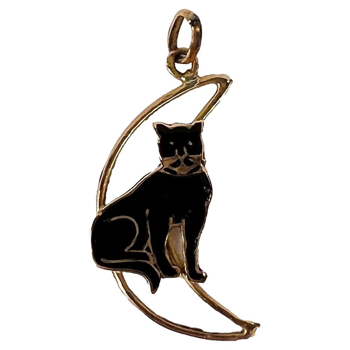 Lucky Black Cat in Crescent Moon 18K Yellow Gold Enamel Charm Pendant For Sale