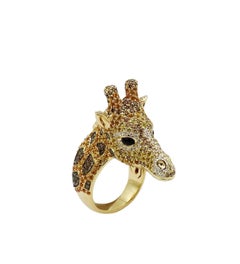 Lucky Brown Diamond Yellow Sapphire Onyx Yellow Gold Giraffe Ring for Her