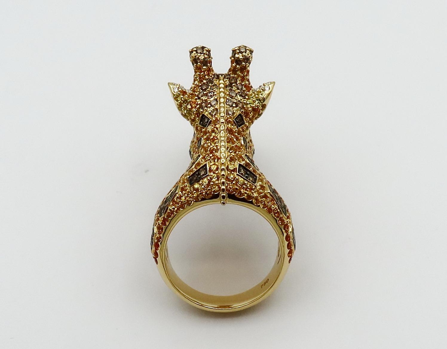 Women's Lucky Brown Diamond Yellow Sapphire Onyx Yellow Gold Giraffe Ring for Her For Sale