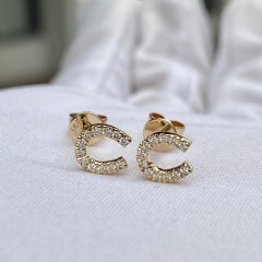 Lucky Charm 14K (or 18k upon request) Yellow Gold Diamond Horseshoe Stud Earring