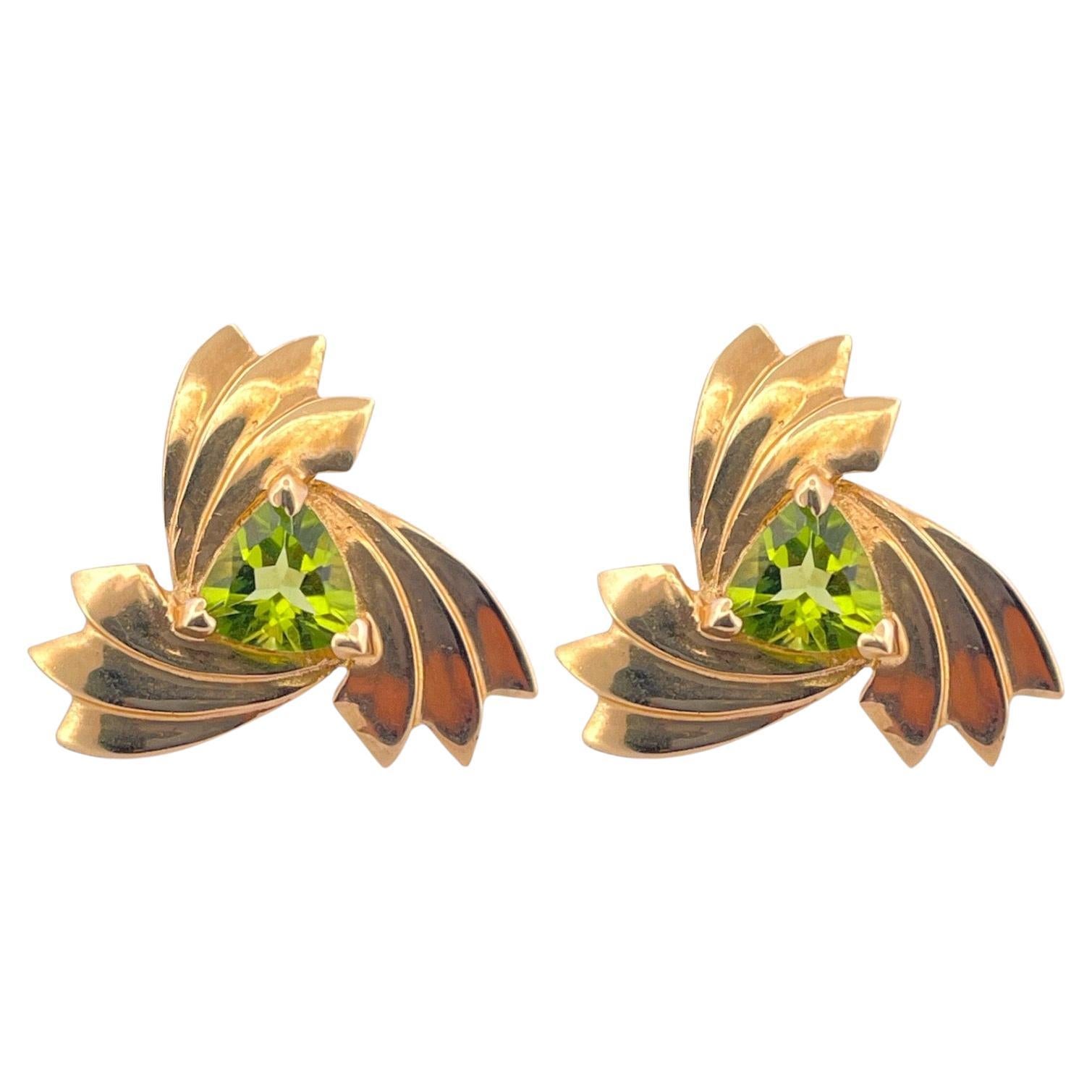 Lucky Charm Peridot Clover Stud Earrings in 14K Yellow Gold For Sale