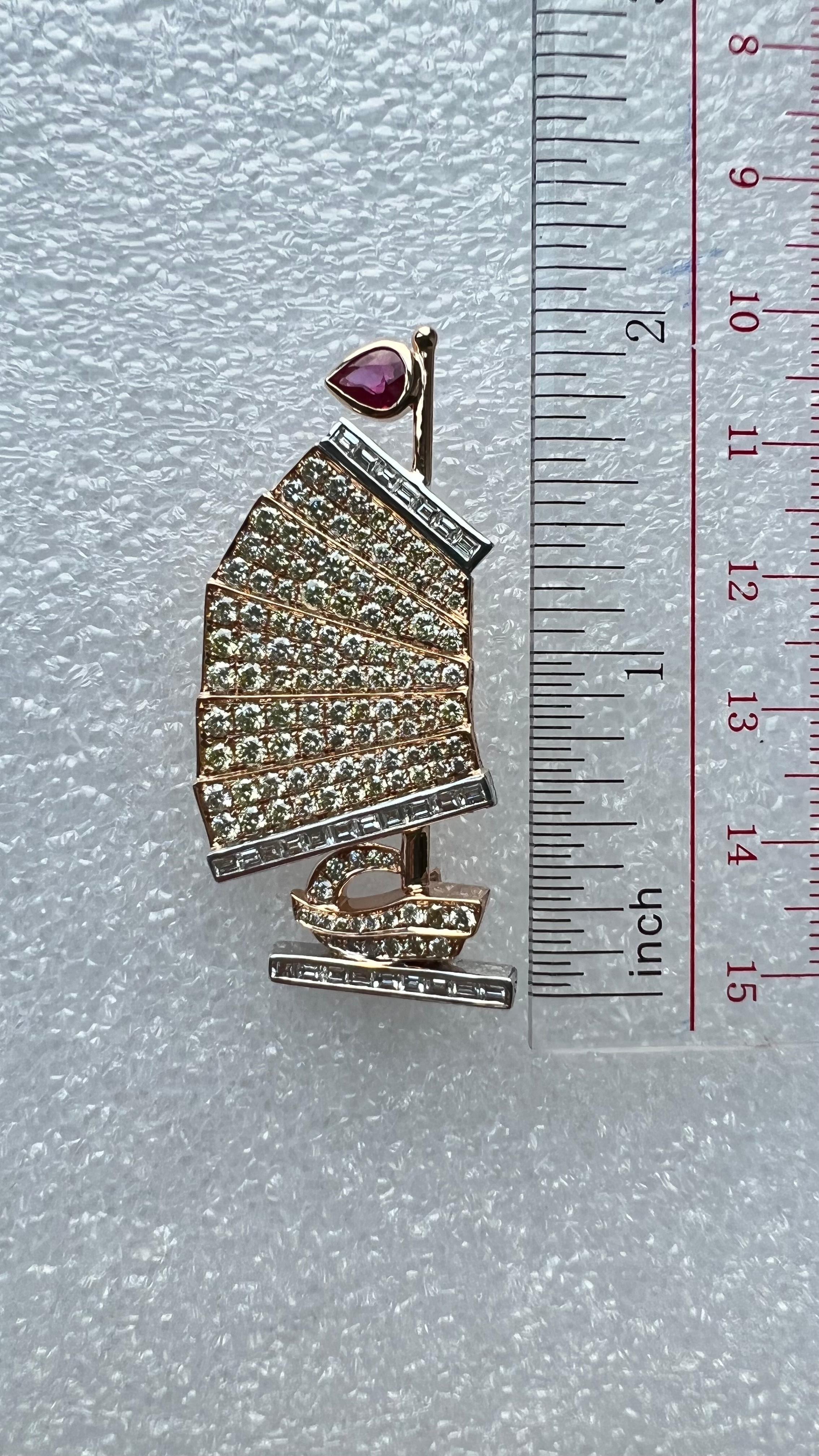 Modern Lucky Charm Sailing Boat Brooch with Diamonds and Ruby in 18K Gold For Sale