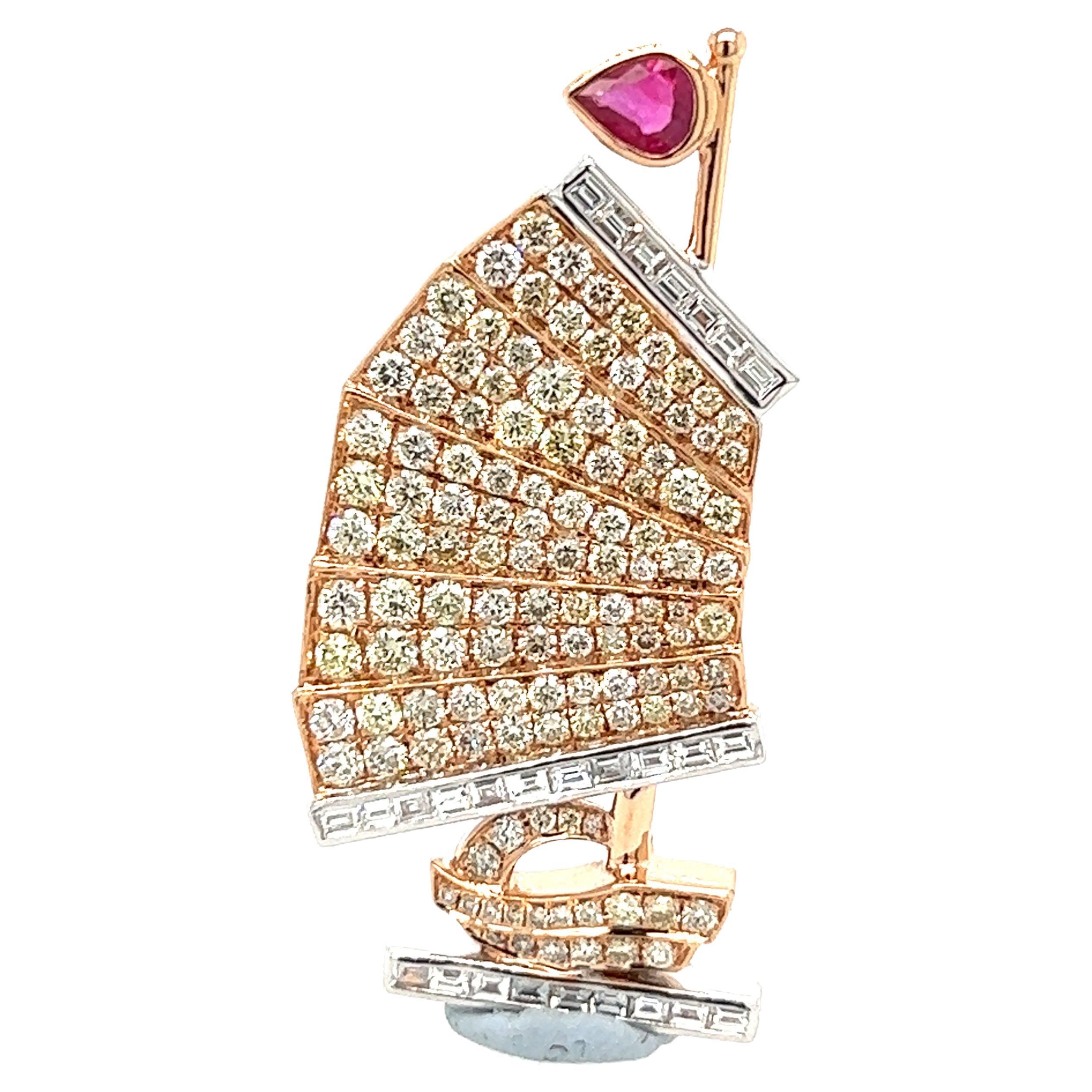 Lucky Charm Sailing Boat Brooch with Diamonds and Ruby in 18K Gold For Sale