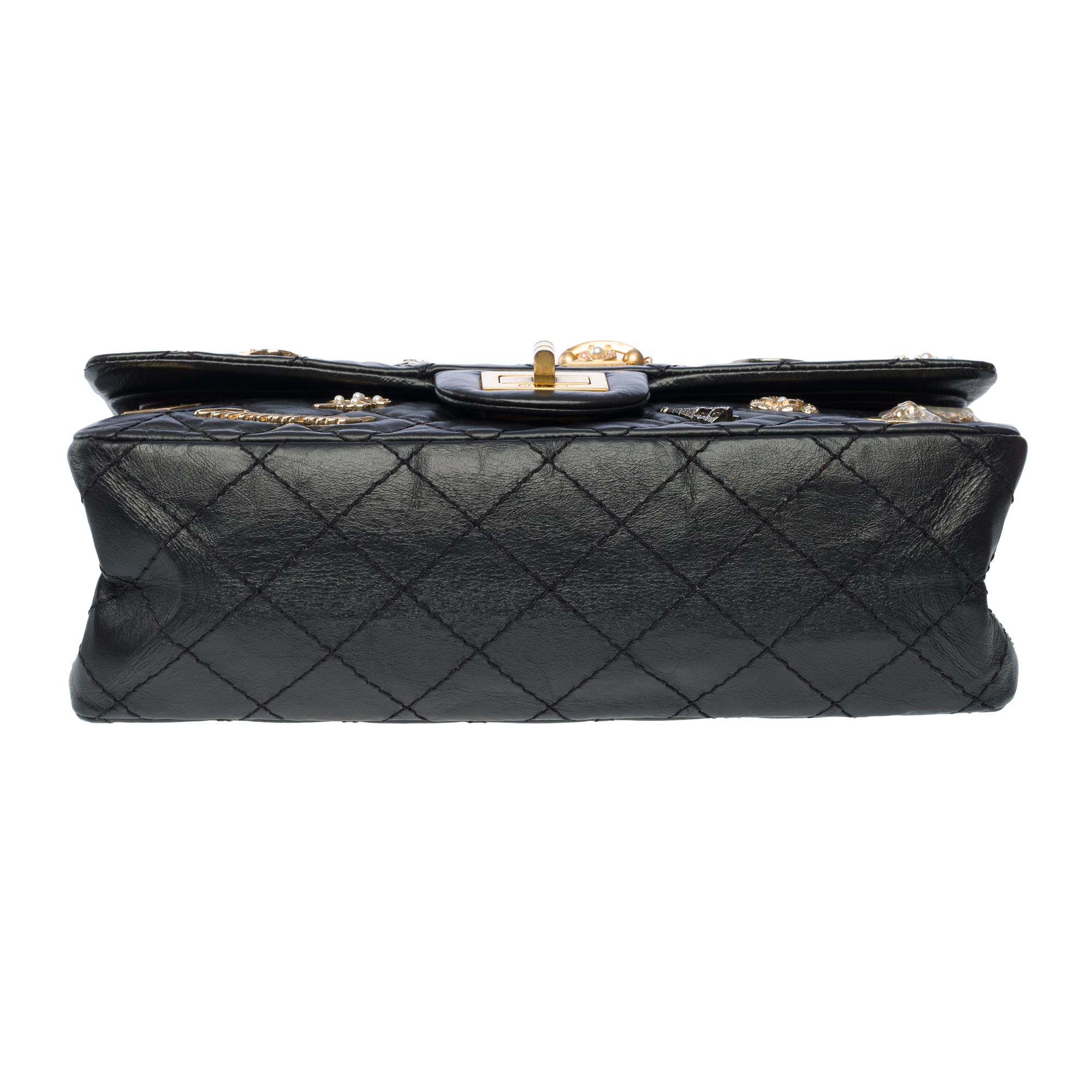 Lucky Charms 2.55 Chanel double flap shoulder bag in black quilted leather, AGHW For Sale 7