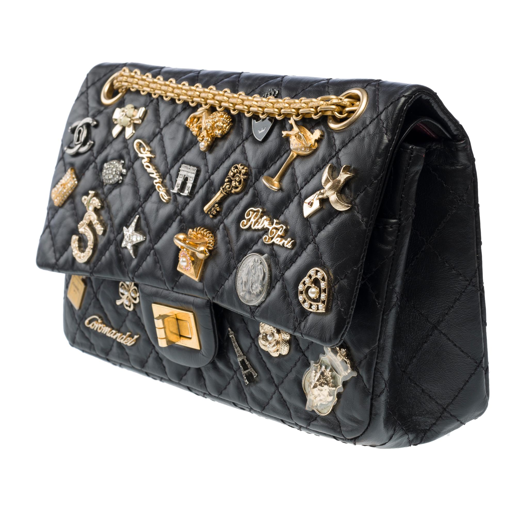Women's Lucky Charms 2.55 Chanel double flap shoulder bag in black quilted leather, AGHW For Sale