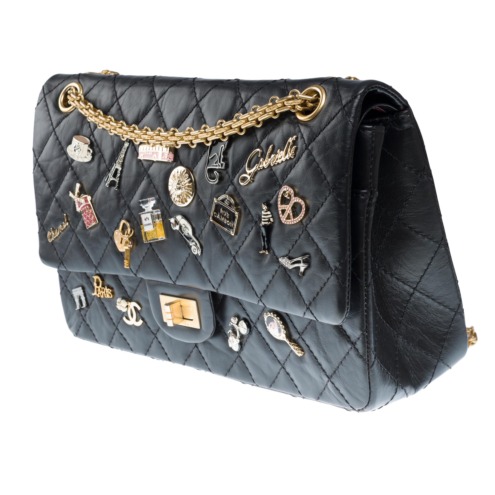 Donna Lucky Charme 2.55 Borsa a tracolla con doppia patta di Chanel in pelle nera trapuntata, AGHW in vendita