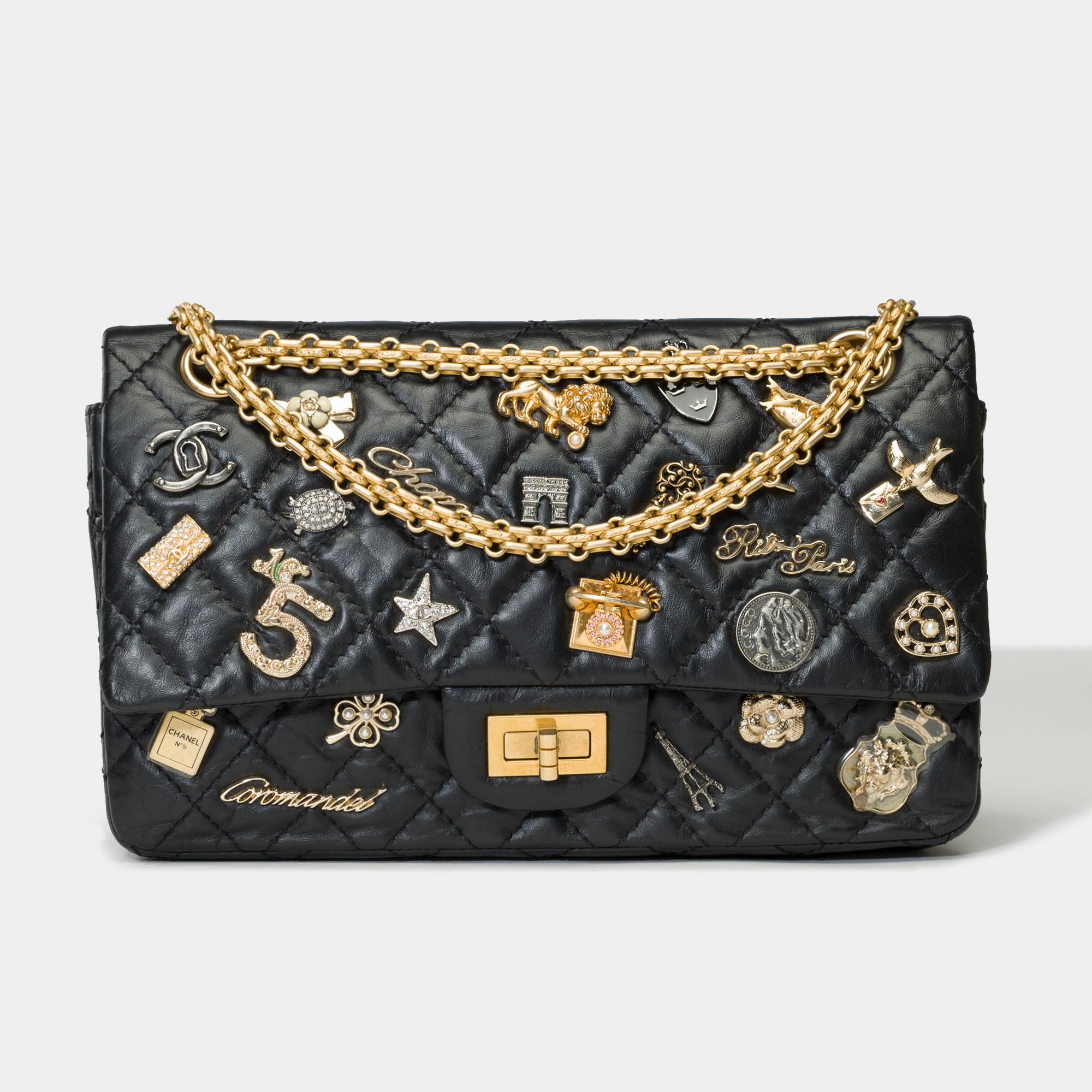 Lucky Charms 2.55 Chanel double flap shoulder bag in black quilted leather, AGHW For Sale