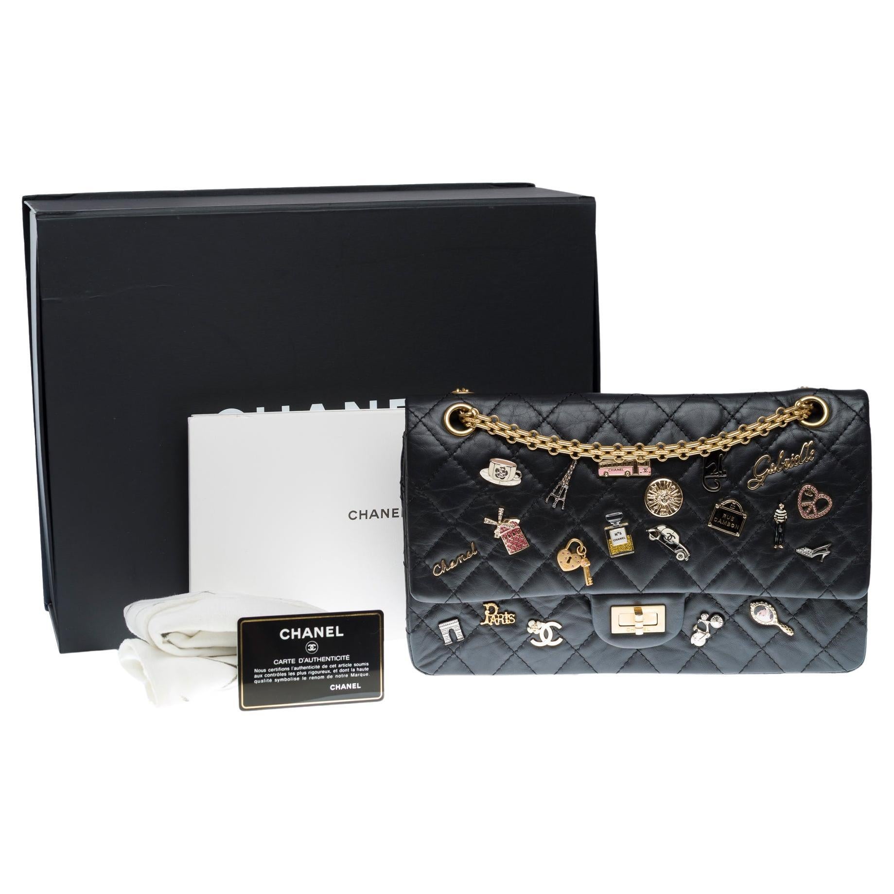 Lucky Charme 2.55 Borsa a tracolla con doppia patta di Chanel in pelle nera trapuntata, AGHW