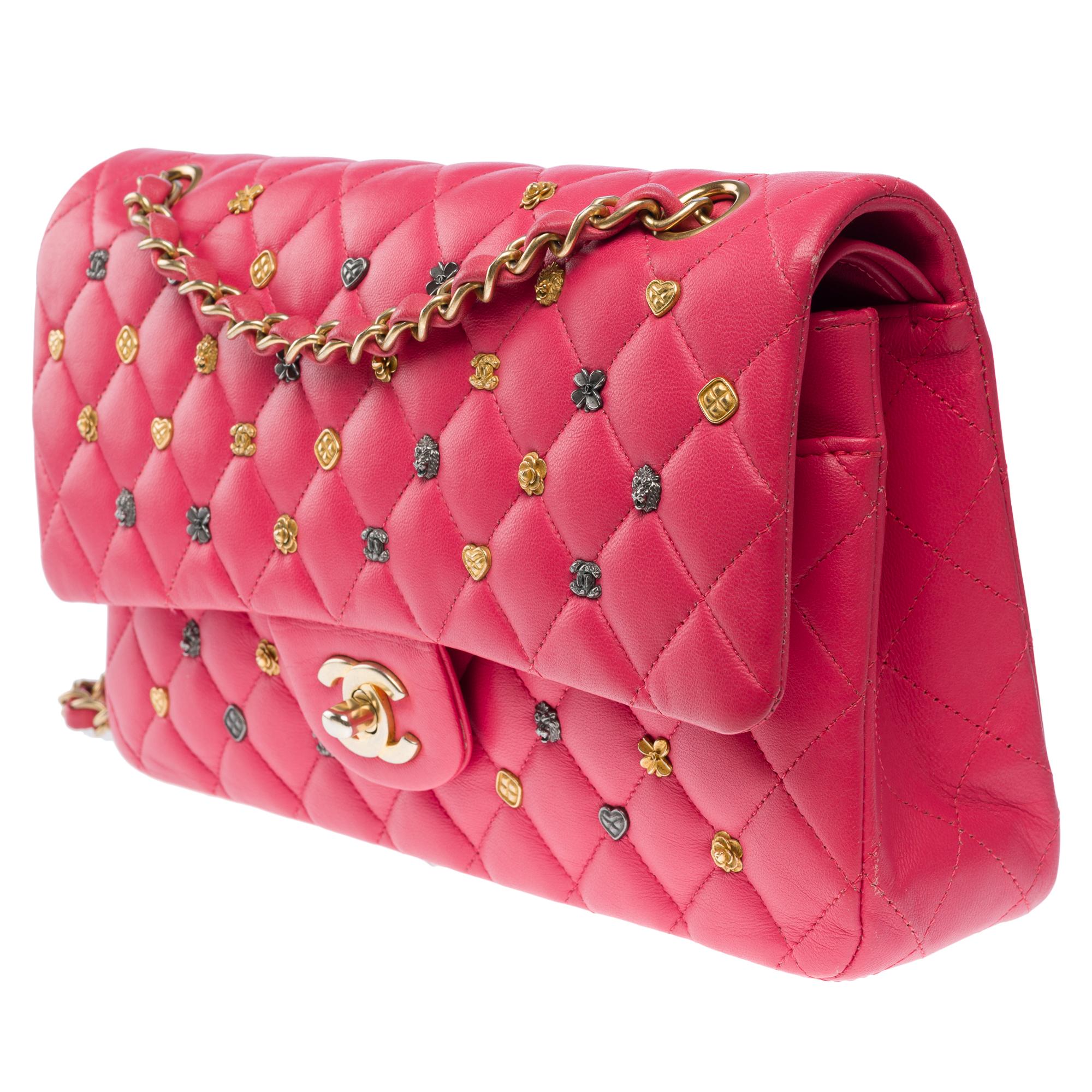 Borsa a tracolla con doppia patta di Chanel in pelle d'agnello trapuntata rosa, AGHW In condizioni ottime in vendita a Paris, IDF