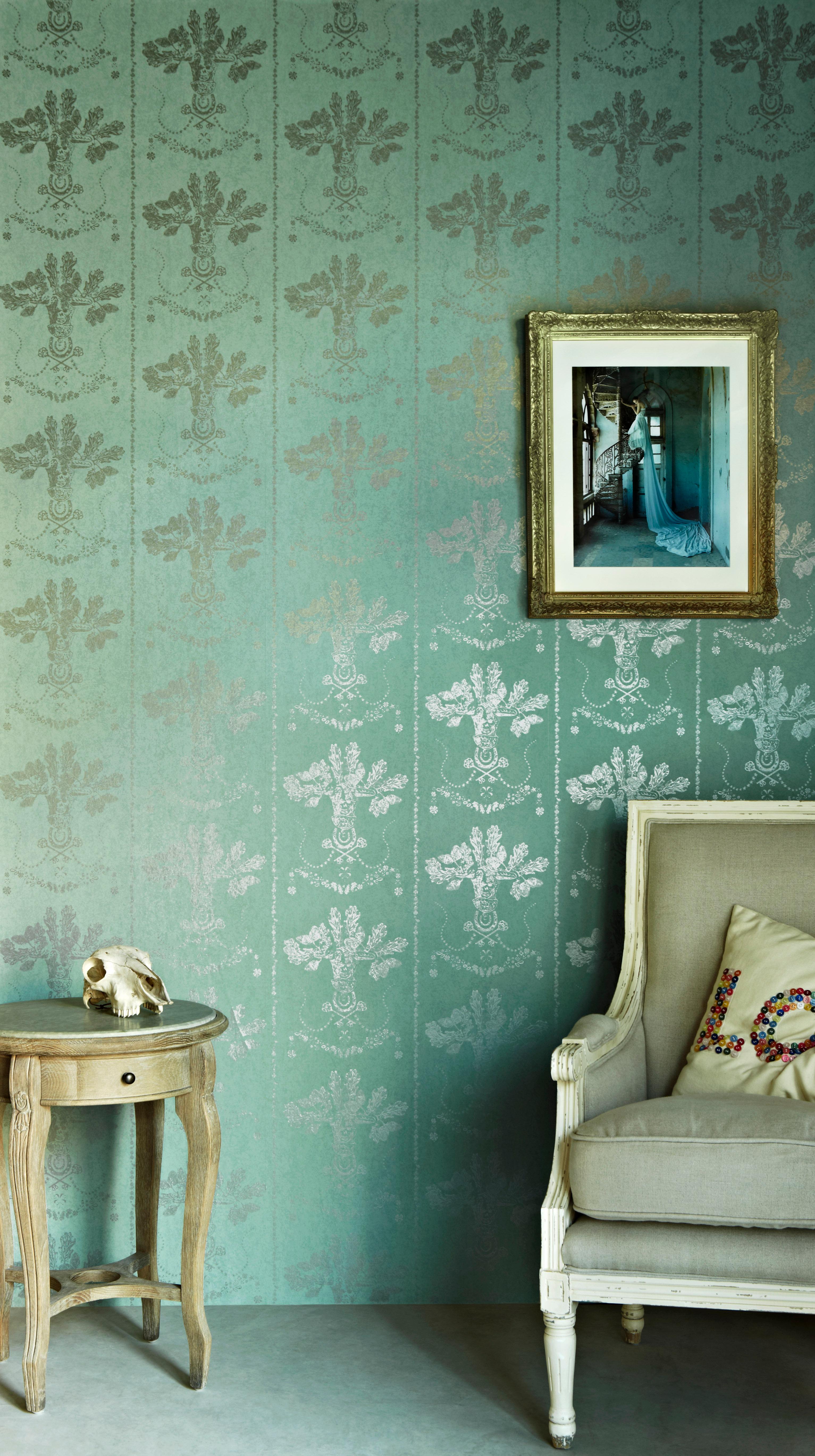 Paper 'Lucky Charms' Contemporary, Traditional Wallpaper in Georgian Green For Sale