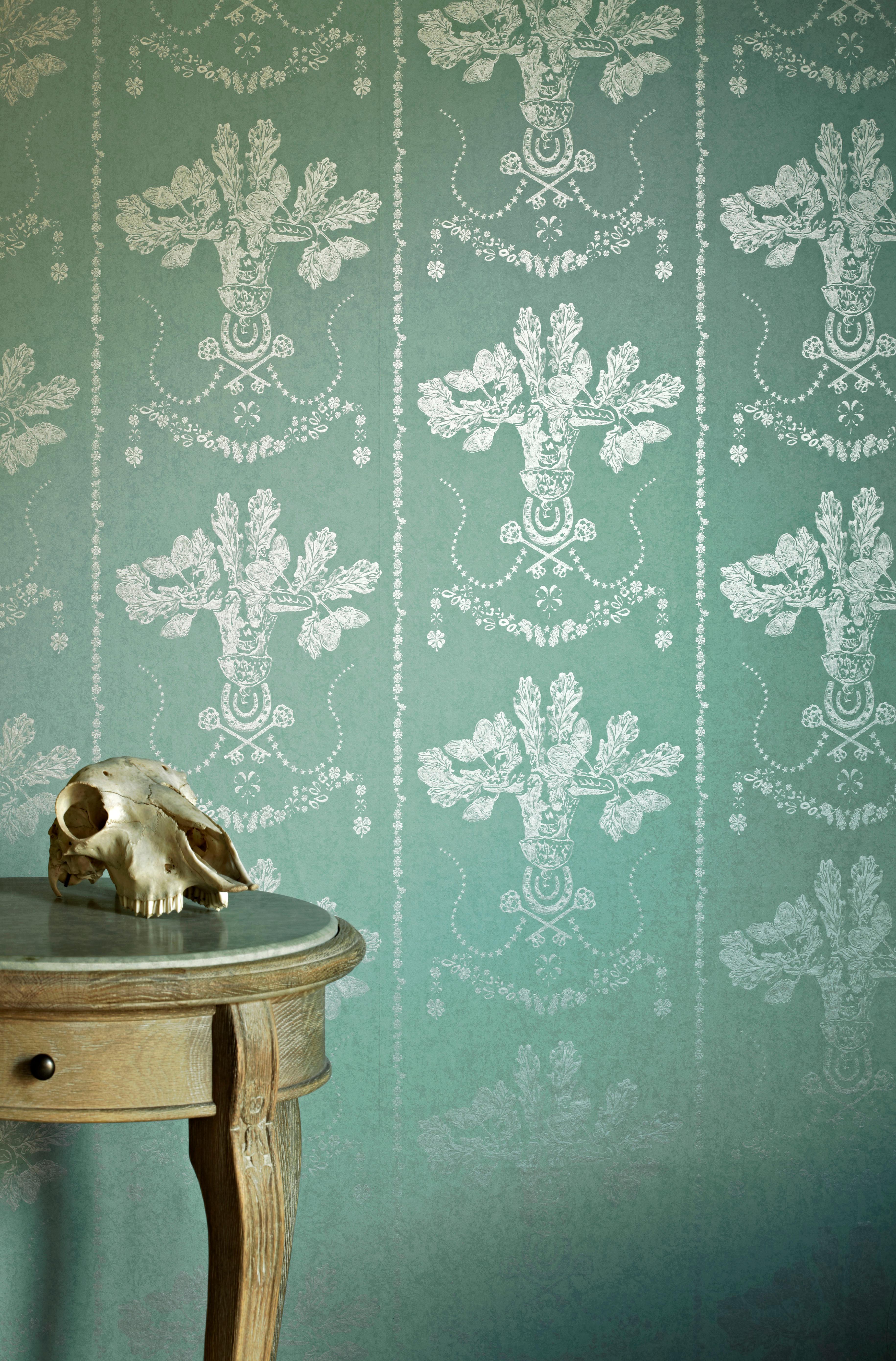 British 'Lucky Charms' Contemporary, Traditional Wallpaper in Graphite on Denim For Sale