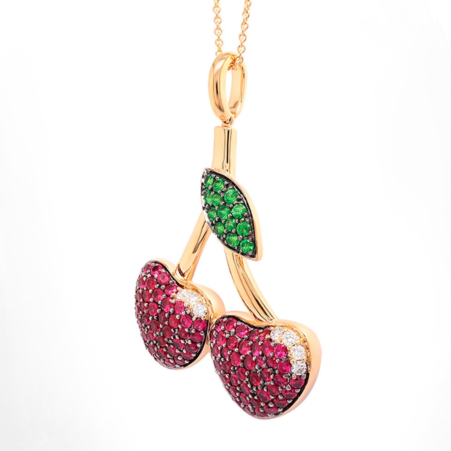 Contemporary Lucky Cherry Pendant Necklace Ruby Tsavorite Diamond 3.15 Carats 18K Yellow Gold For Sale
