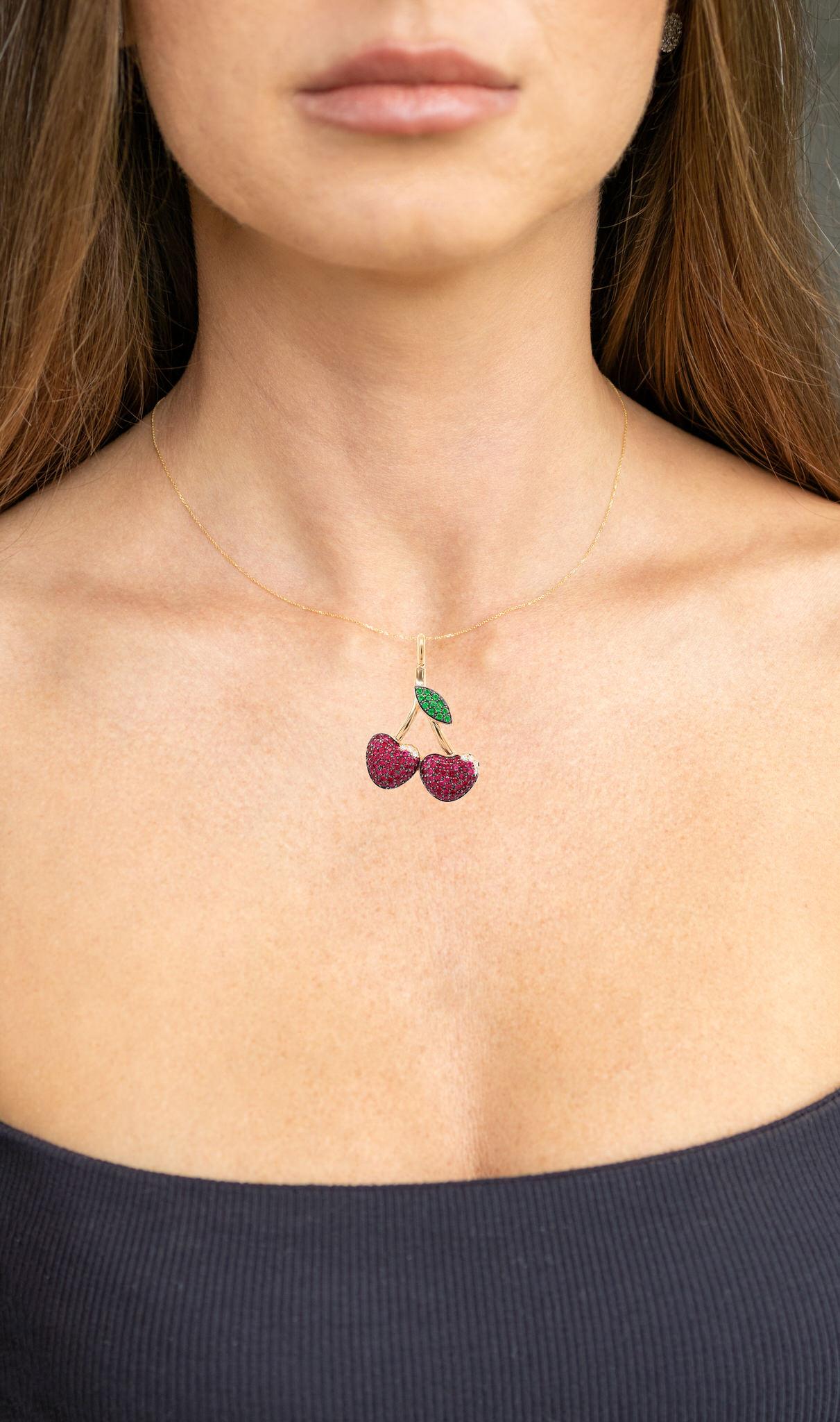 Round Cut Lucky Cherry Pendant Necklace Ruby Tsavorite Diamond 3.15 Carats 18K Yellow Gold For Sale