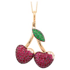 Collar Colgante Cereza de la Suerte Rubí Tsavorita Diamante 3,15 Quilates Oro Amarillo 18K