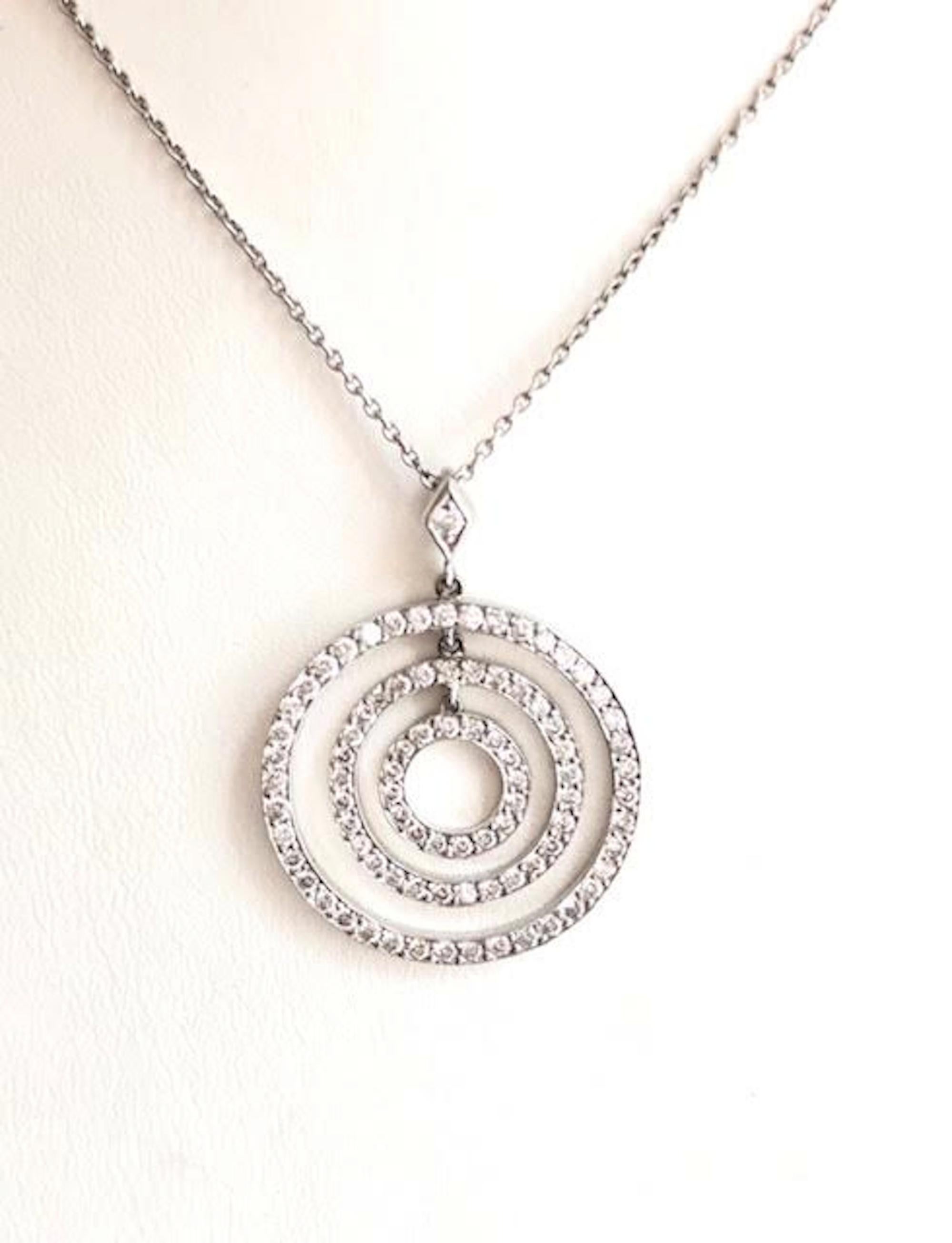 This a beautiful necklace made in Platinum, set with 87 fine diamonds 1.15 carats.
The diameter of the outer circle is 1 inch(2.7 cm)

We manufacture all of our jewelry, in our workshop located in New York City's diamond district.
