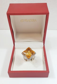 Glücklicher Kleeblatt-Ring aus 18 Karat Weißgold mit Diamanten und zentralem Lemmon- Citrin