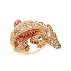 Lucky Diamond Ruby Pearl 18 Karat Yellow Gold Precious Alligator Necklace