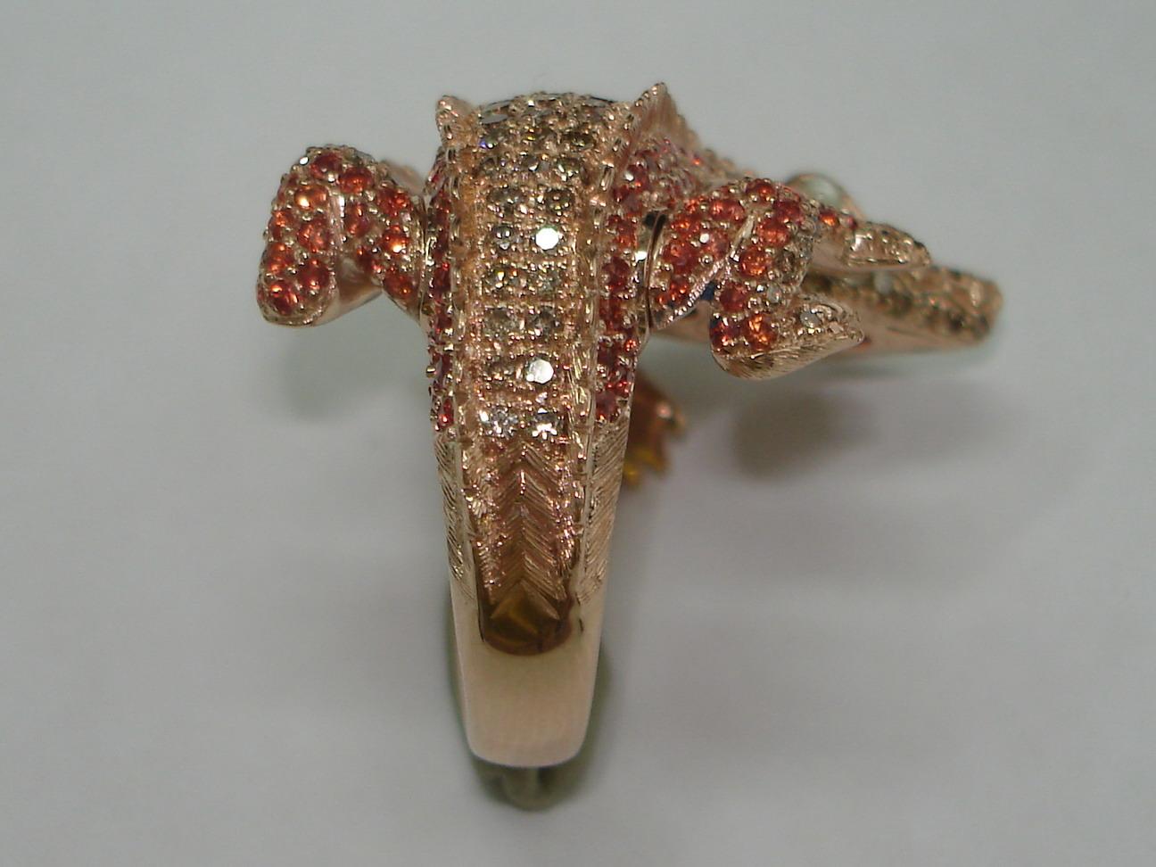 Round Cut Lucky Diamond Ruby Pearl 18 Karat Yellow Gold Precious Alligator Ring for Her For Sale