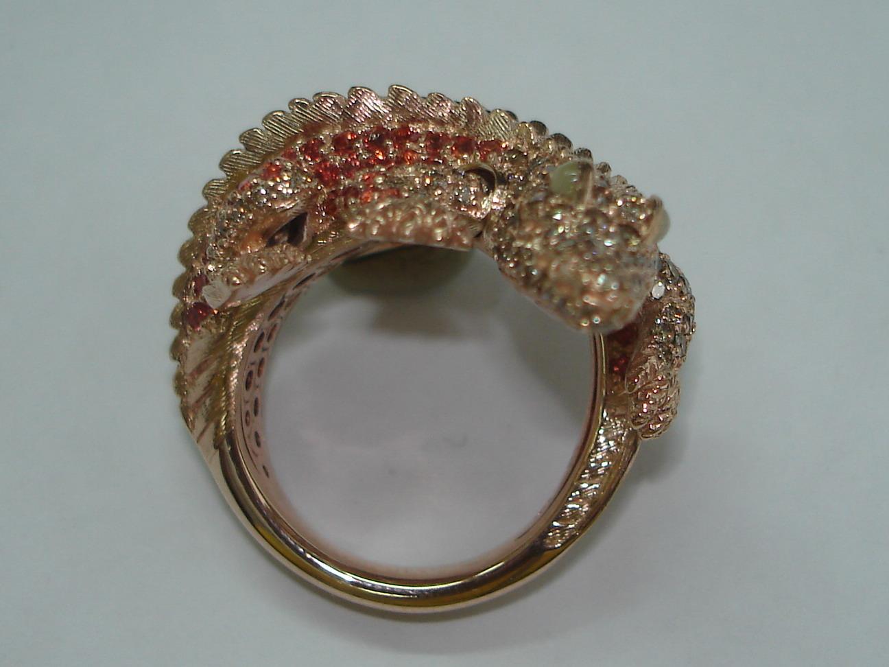 Women's Lucky Diamond Ruby Pearl 18 Karat Yellow Gold Precious Alligator Ring for Her For Sale