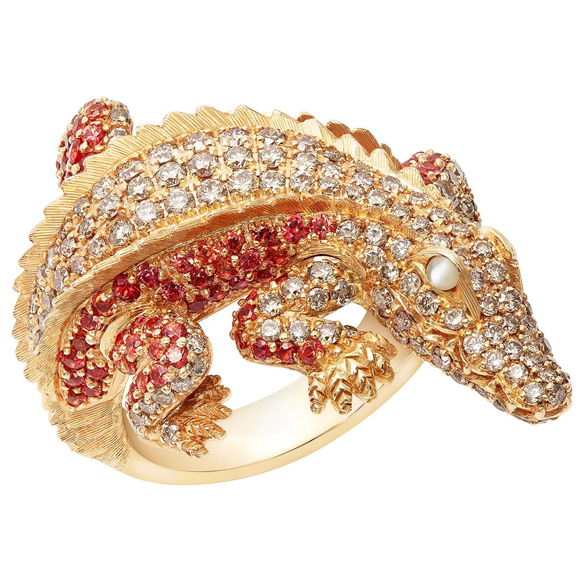 Lucky Diamond Ruby Pearl 18 Karat Yellow Gold Precious Alligator Ring for Her For Sale