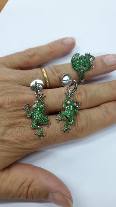 Lucky Diamond Tsavorite 18 Karat White Gold Precious Frog Earrings for Her