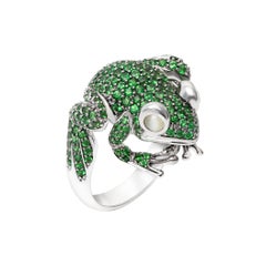 Lucky Diamond Tsavorite 18 Karat White Gold Statement Precious Frog Ring for Her