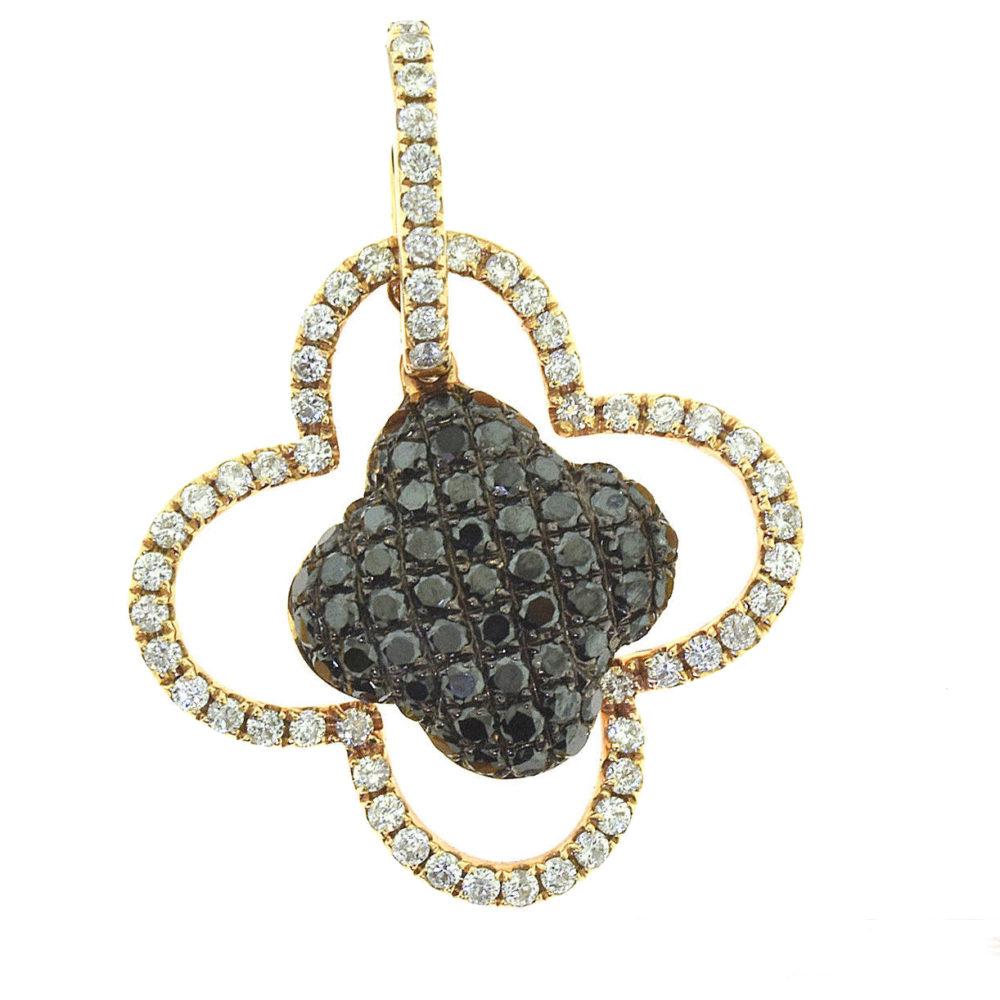 Lucky Four-Leaf Clover Diamond and Black Diamond Rose Gold Pendant In Good Condition In Miami, FL