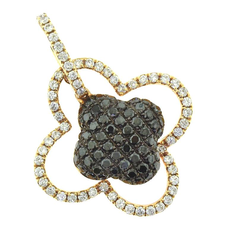 Lucky Four-Leaf Clover Diamond and Black Diamond Rose Gold Pendant