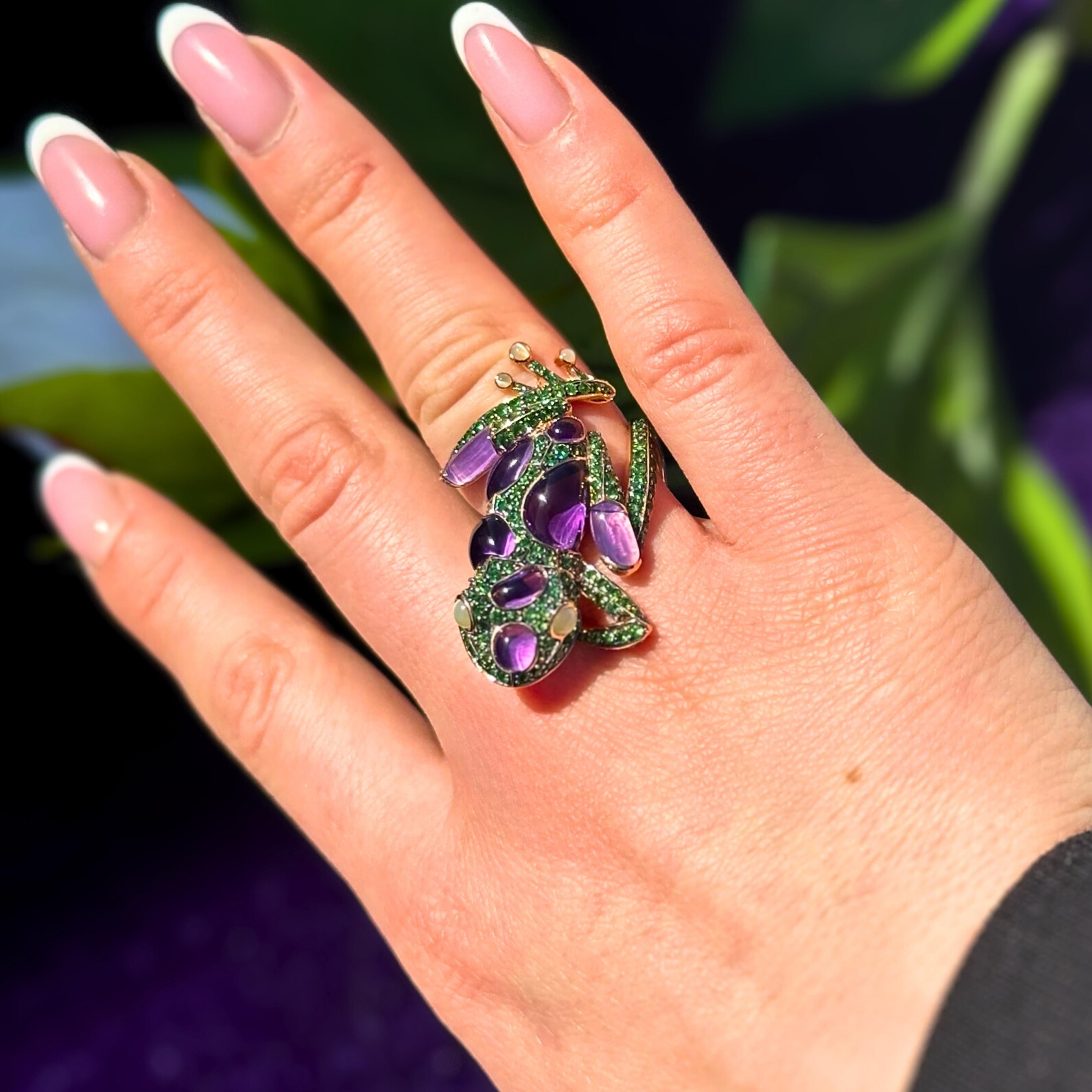 Rough Cut Lucky Frog Amethyst Cat Eye Tsavorite 18K Yellow Gold Exclusive Ring For Sale
