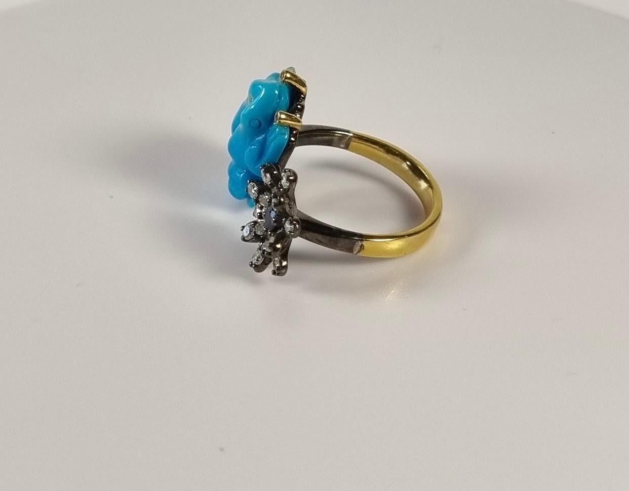Irama Pradera is a Young designer from Spain that searches always for the best gems and combines classic with contemporary mounting and styles. 
Lucky Frog with Flower Ring Turquoise, Sapphire, Diamonds in 18k Gold & Silver
Sleekly crafted in 18K