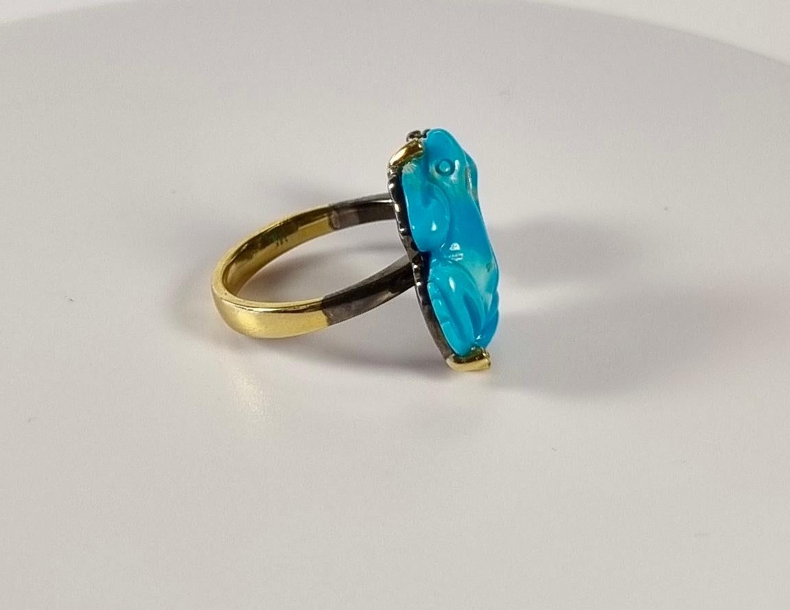 Contemporary Lucky Frog with Flower Ring Turquoise, Sapphire, Diamonds in 18k Gold & Silver For Sale