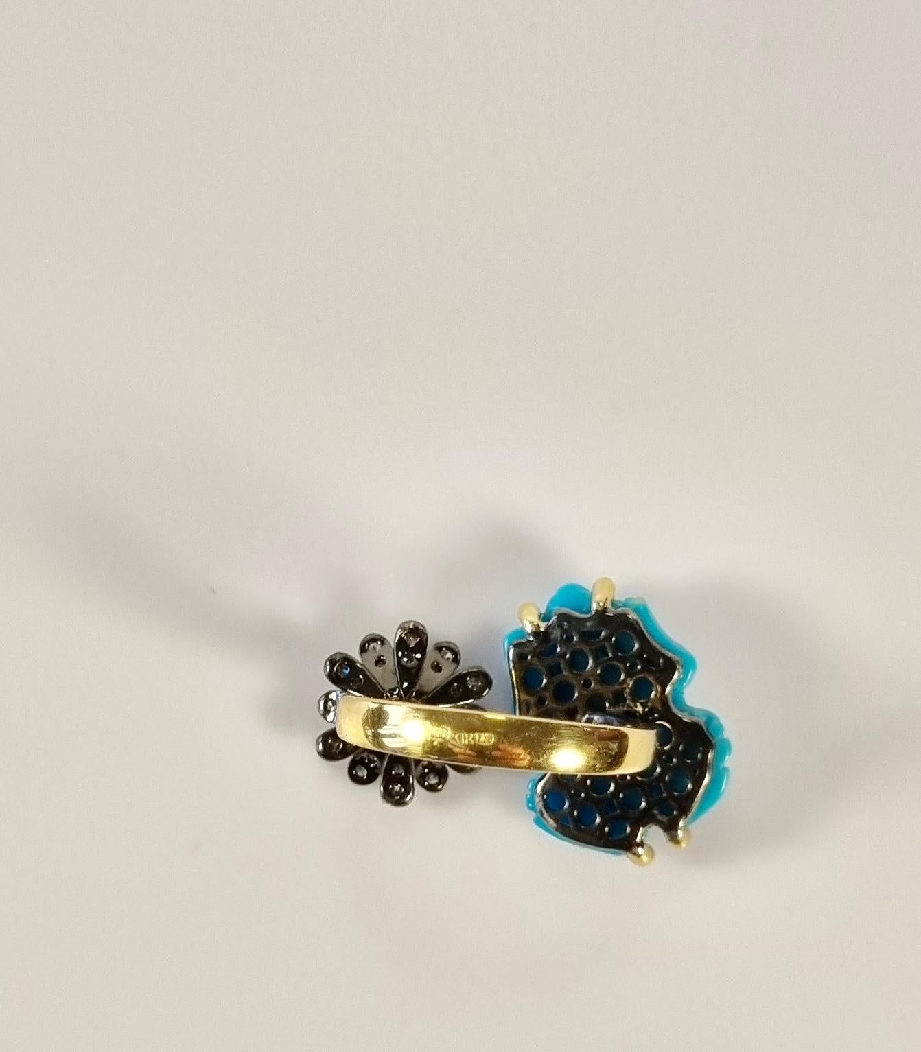 Brilliant Cut Lucky Frog with Flower Ring Turquoise, Sapphire, Diamonds in 18k Gold & Silver For Sale