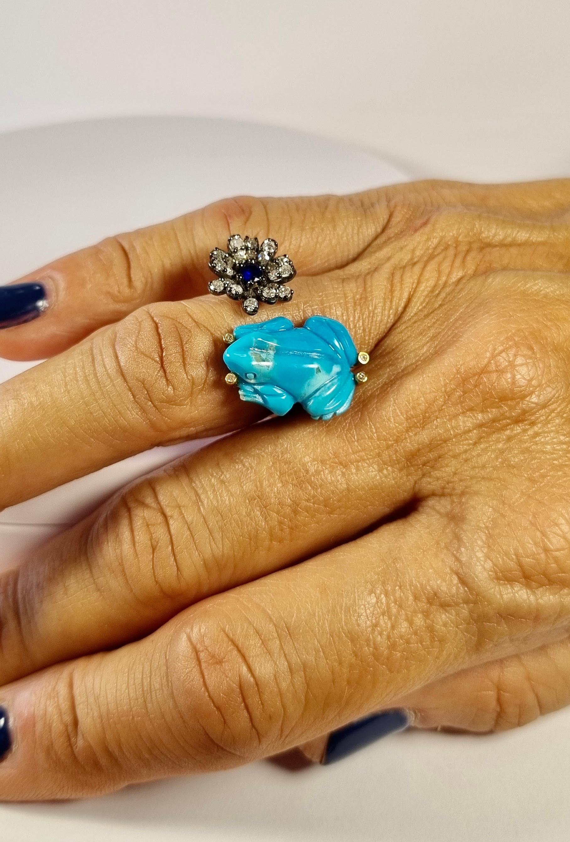 Women's Lucky Frog with Flower Ring Turquoise, Sapphire, Diamonds in 18k Gold & Silver For Sale