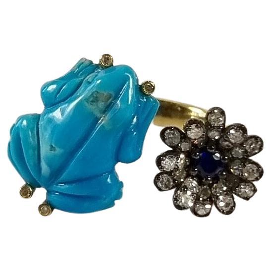 Bague grenouille avec fleur en or 18 carats et argent avec turquoises, saphirs et diamants