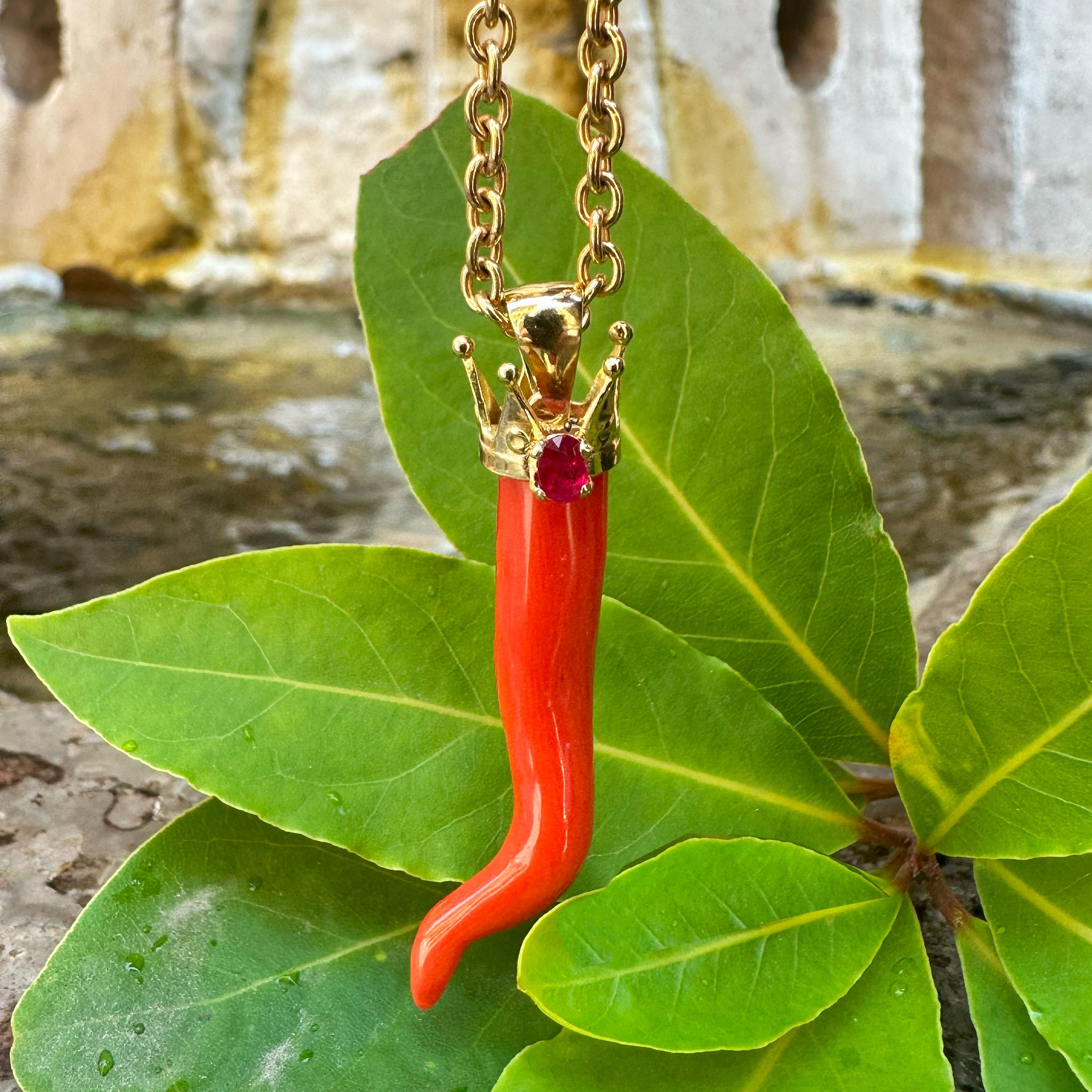Modern Lucky Horn in Italian Coral 18 Karat Gold Crown and a Ruby Pendant For Sale