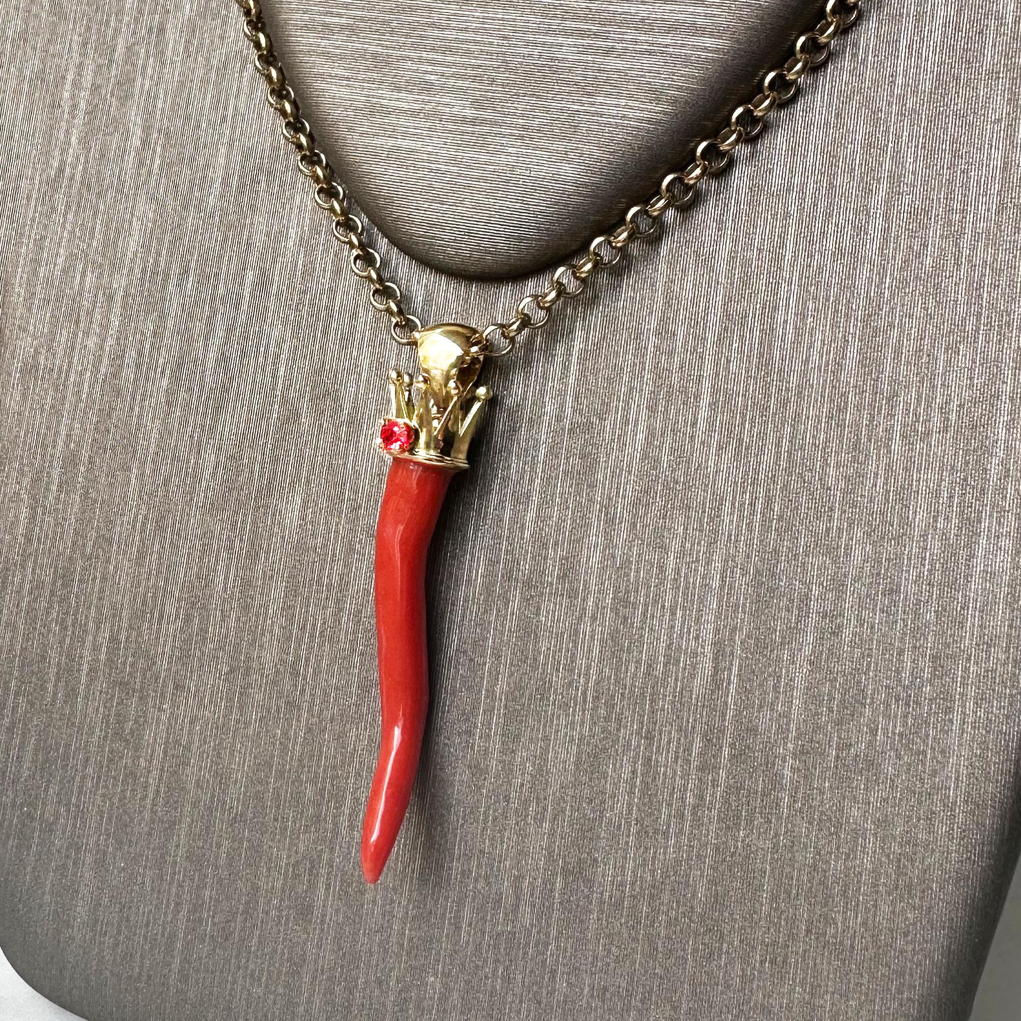 Modern Lucky Horn in Italian Coral 18 Karat Gold Crown and a Ruby Pendant