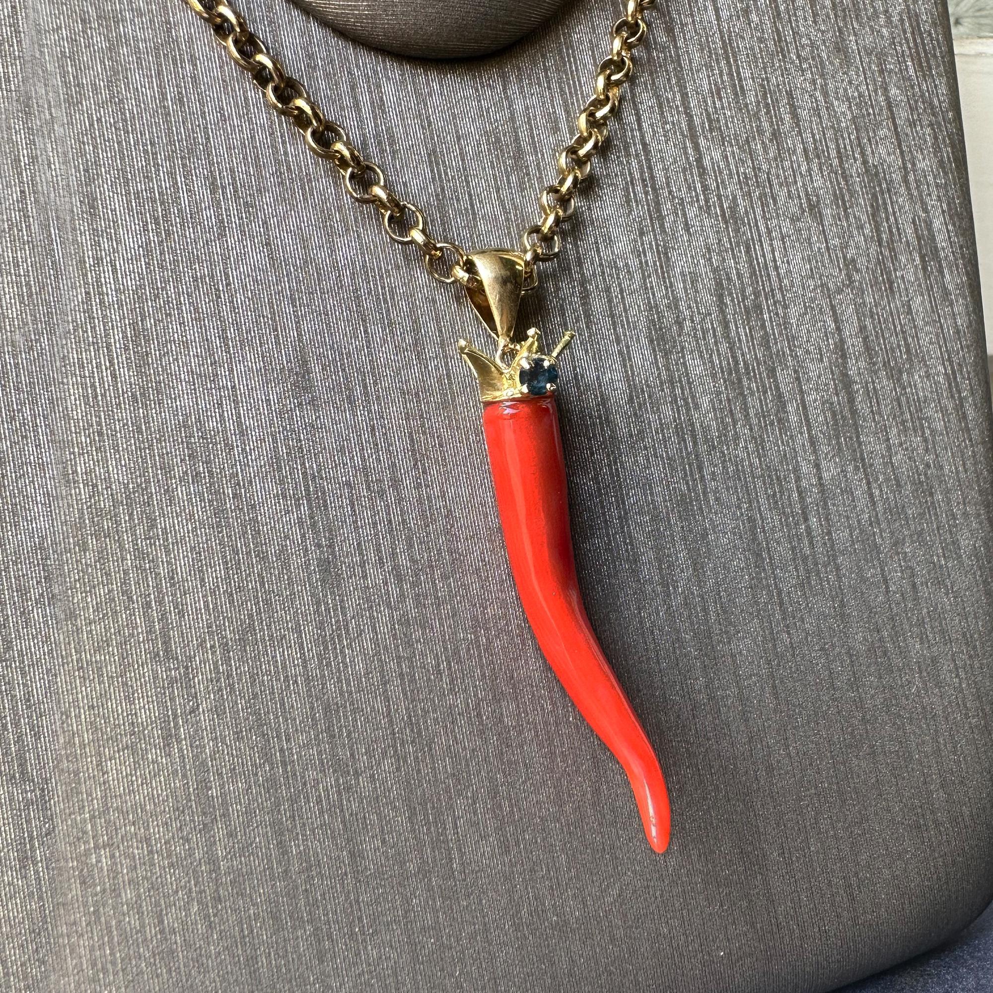 Modern Lucky Horn in Italian Coral 18 Karat Gold Crown and a Sapphire Pendant