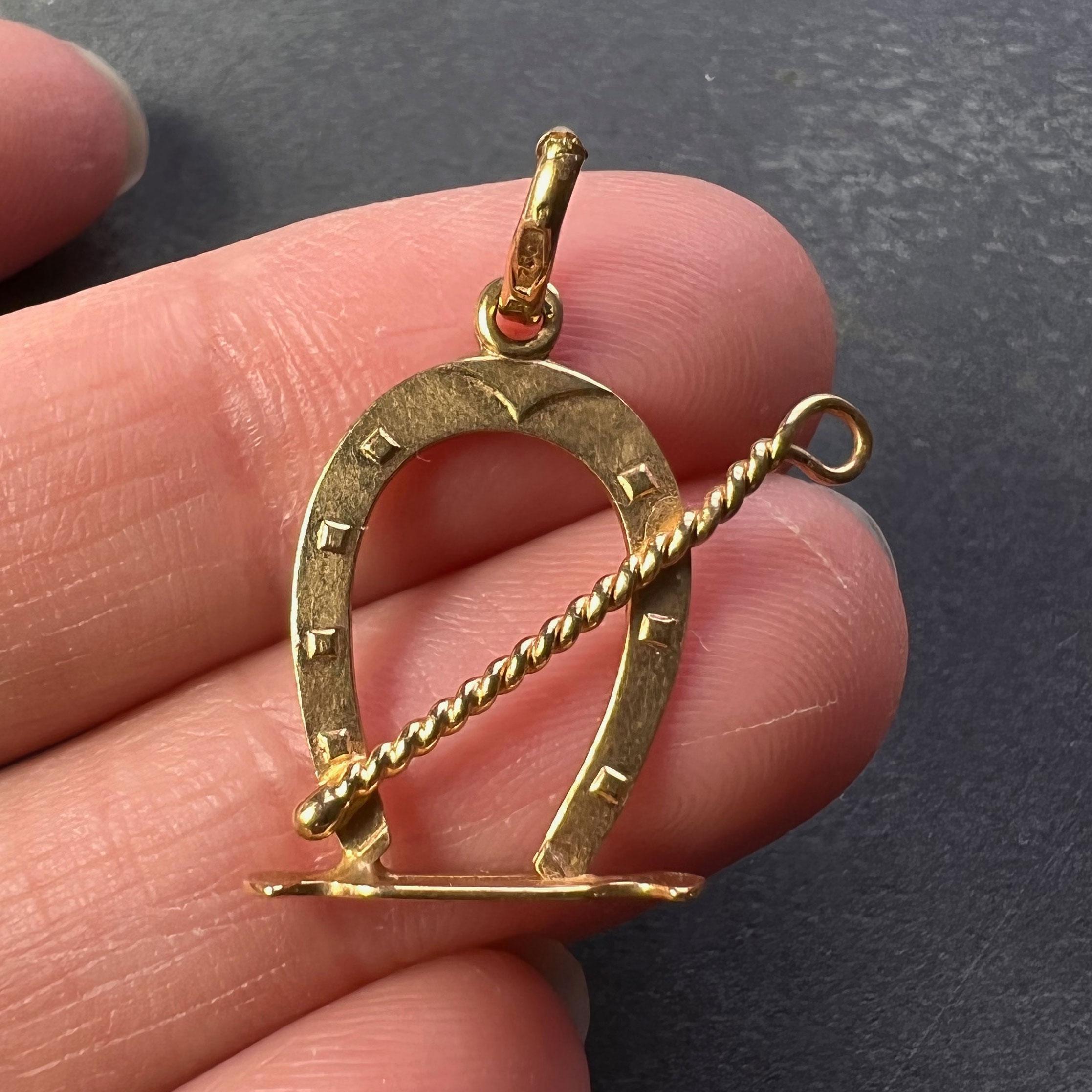Women's Lucky Horseshoe and Whip 18K Yellow Gold Charm Pendant For Sale