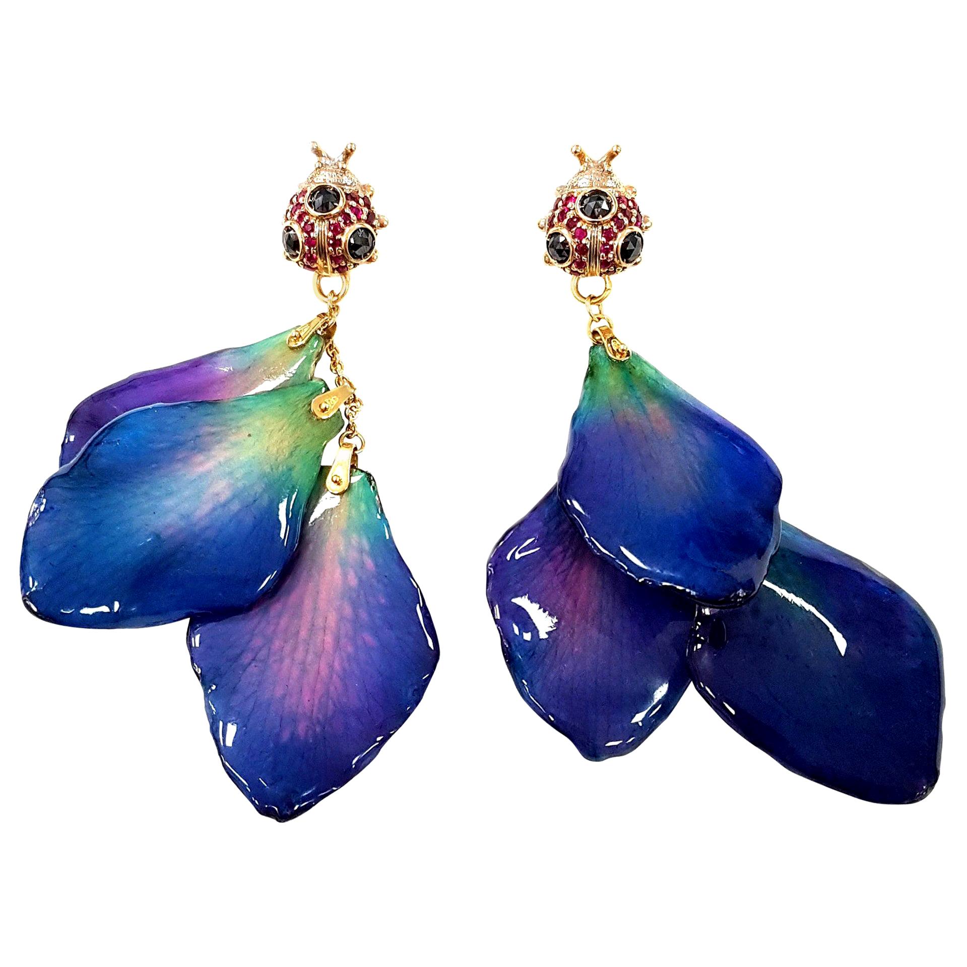 21st Century 18 Karat Gold Orchid Sapphire Diamond Lucky Ladybug Drop Earrings