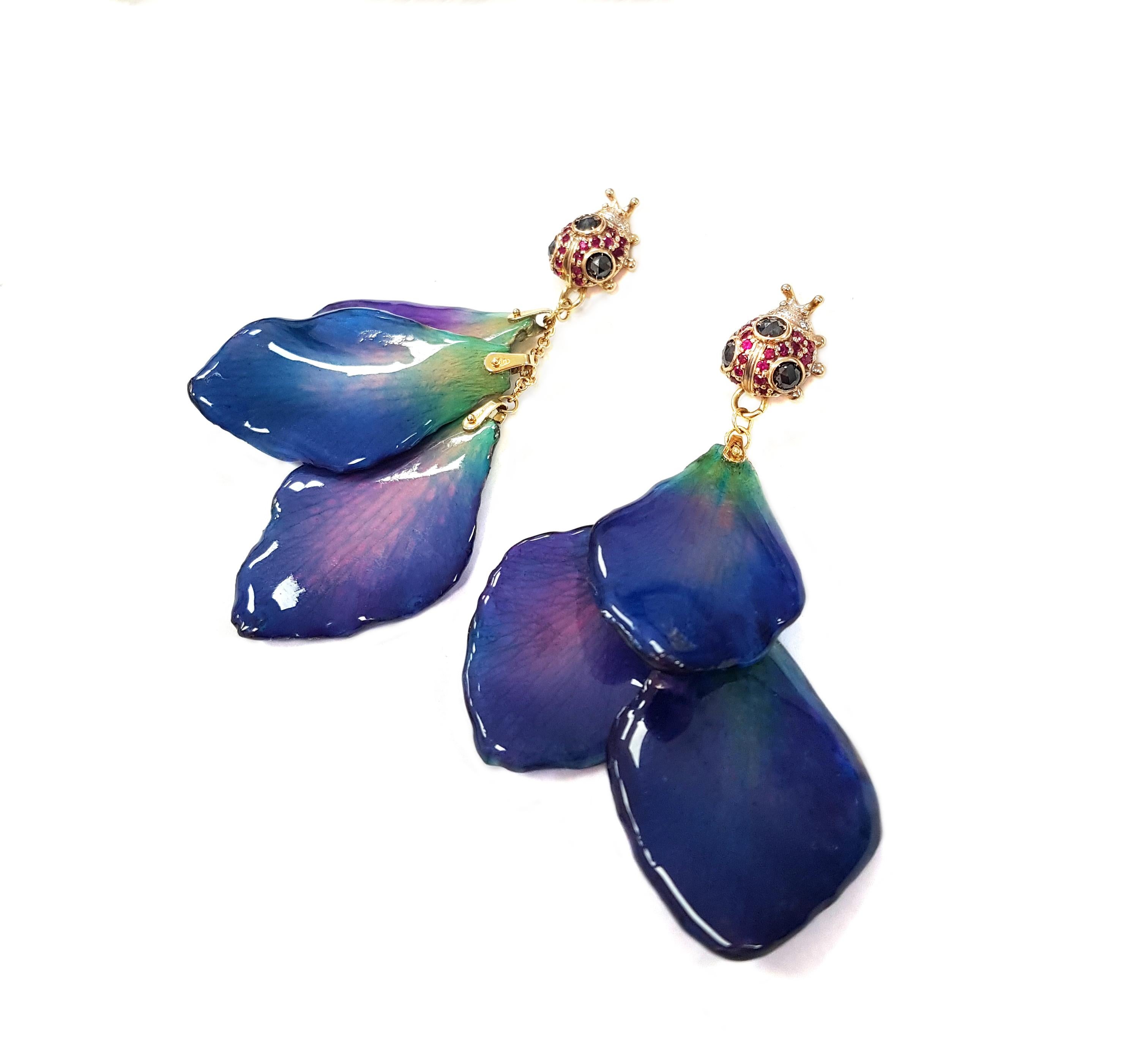 Contemporary 21st Century 18 Karat Gold Orchid Sapphire Diamond Lucky Ladybug Drop Earrings For Sale