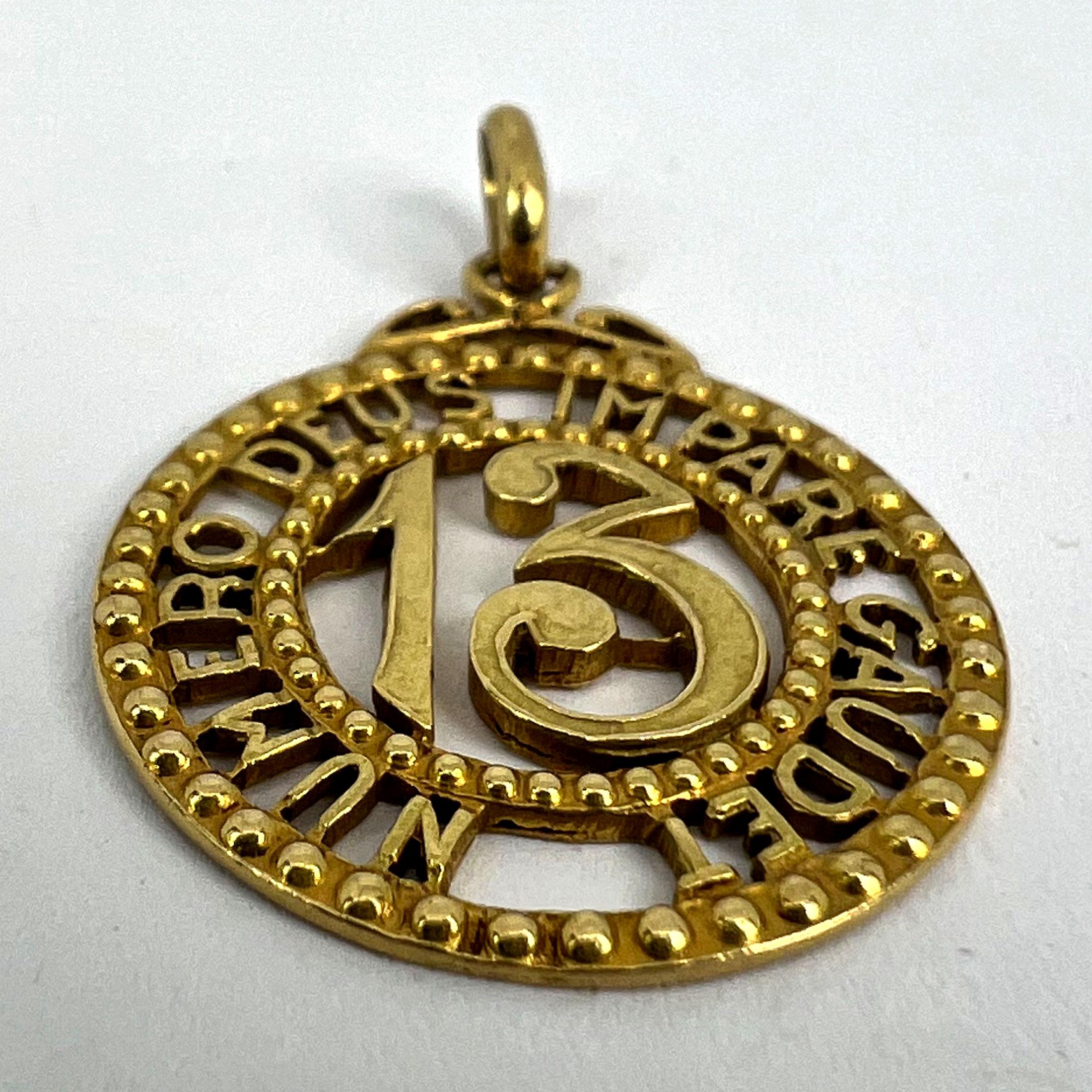 Lucky 'Number 13' 18K Yellow Gold Good Luck Charm Pendant 7