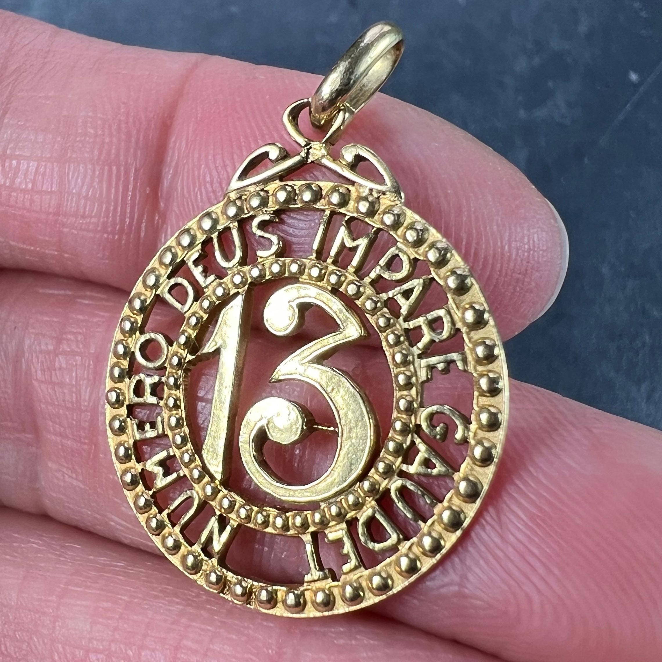Lucky 'Number 13' 18K Yellow Gold Good Luck Charm Pendant In Good Condition In London, GB