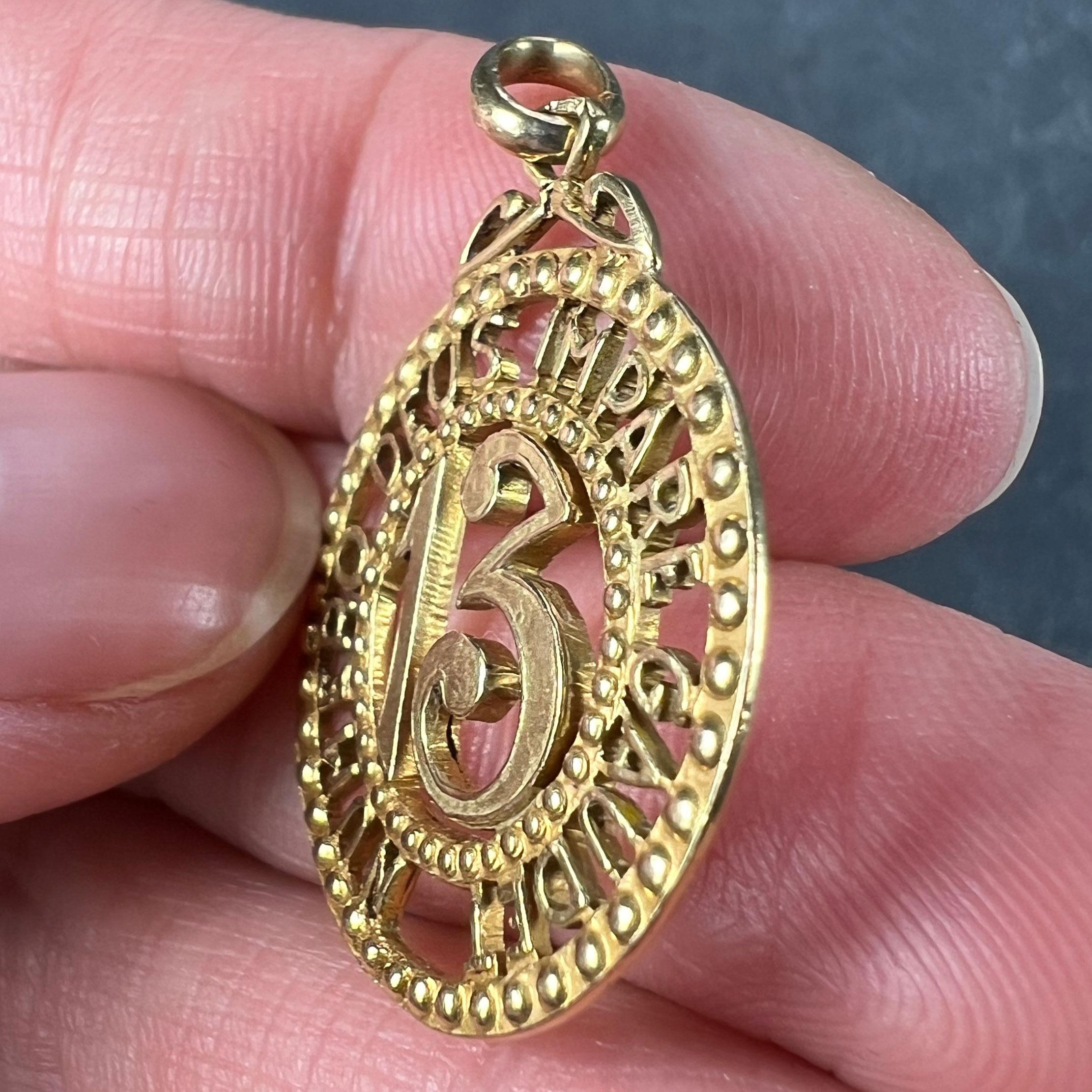 Women's or Men's Lucky 'Number 13' 18K Yellow Gold Good Luck Charm Pendant
