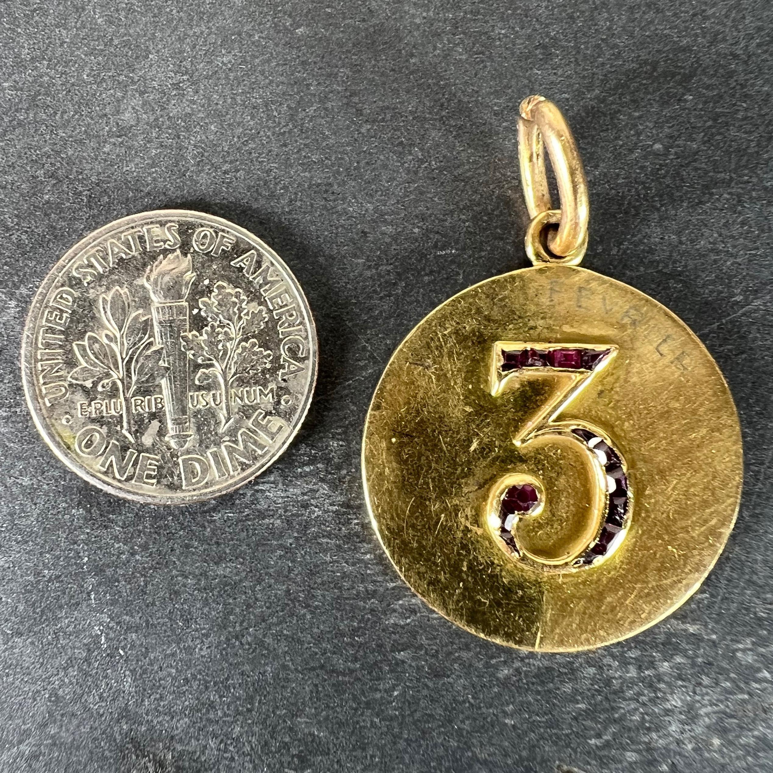 Lucky 'Number 3' Baguette Cut Ruby 18K Yellow Gold Good Luck Charm Pendant For Sale 5