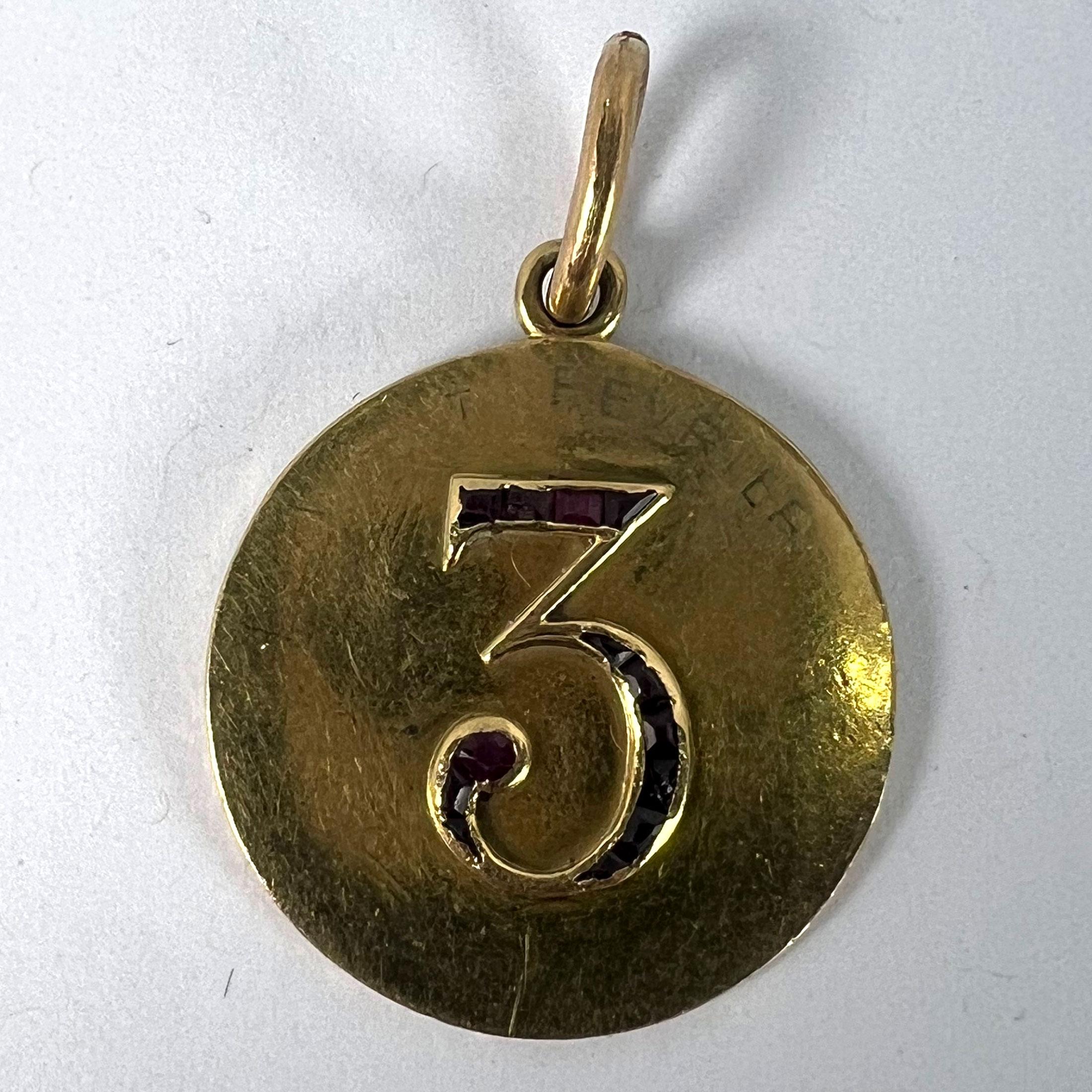 Lucky 'Number 3' Baguette Cut Ruby 18K Yellow Gold Good Luck Charm Pendant For Sale 6