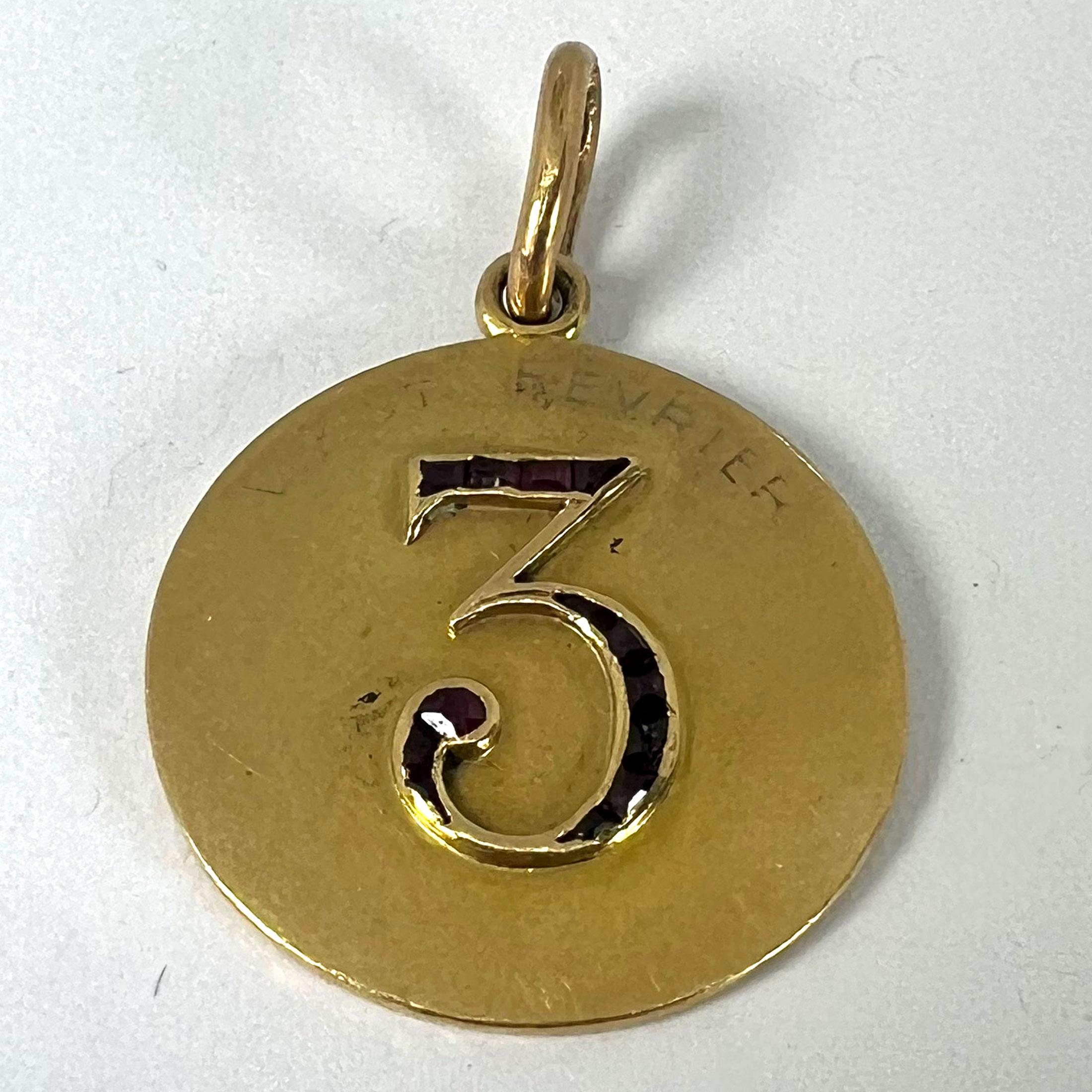 Lucky 'Number 3' Baguette Cut Ruby 18K Yellow Gold Good Luck Charm Pendant For Sale 7