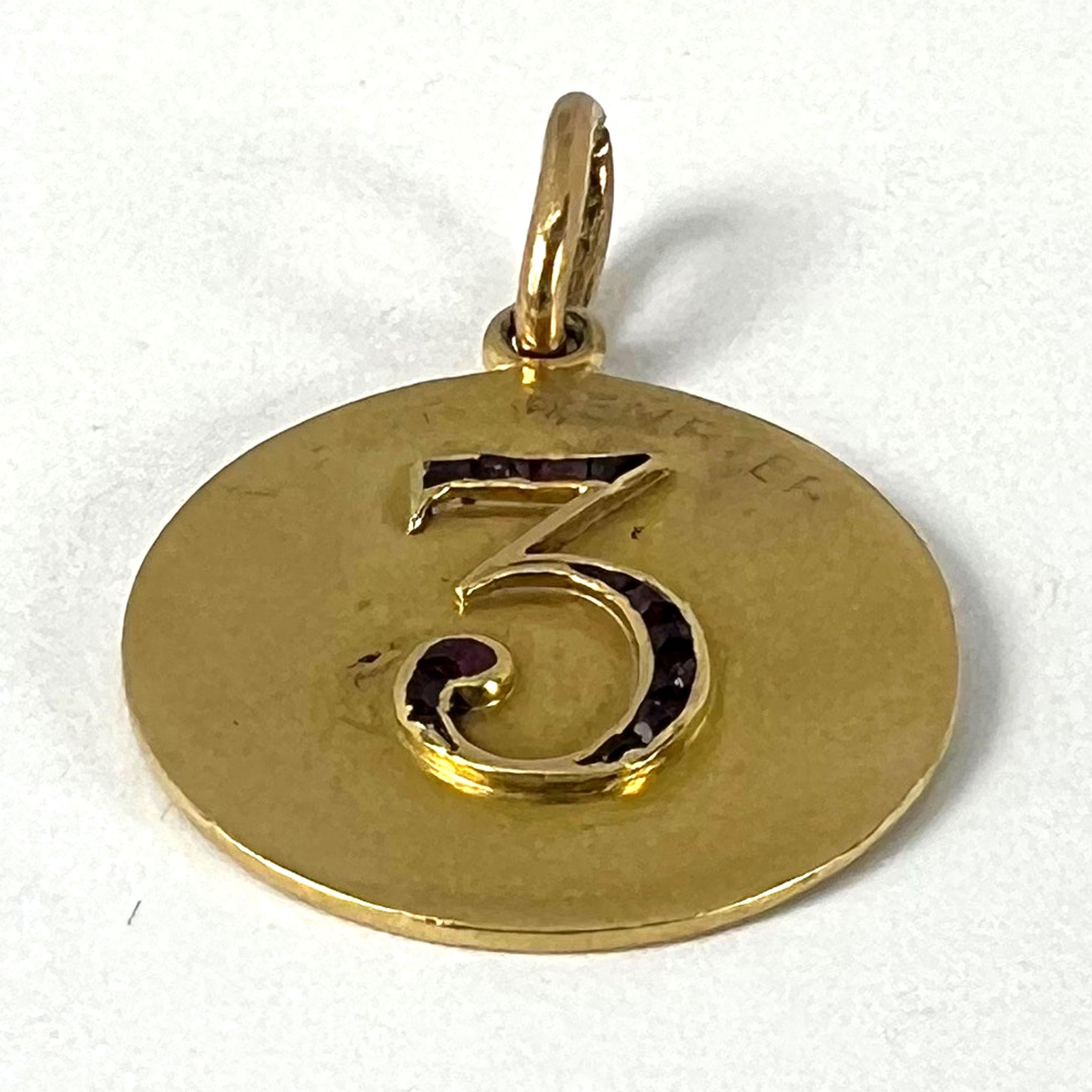 Lucky 'Number 3' Baguette Cut Ruby 18K Yellow Gold Good Luck Charm Pendant For Sale 8