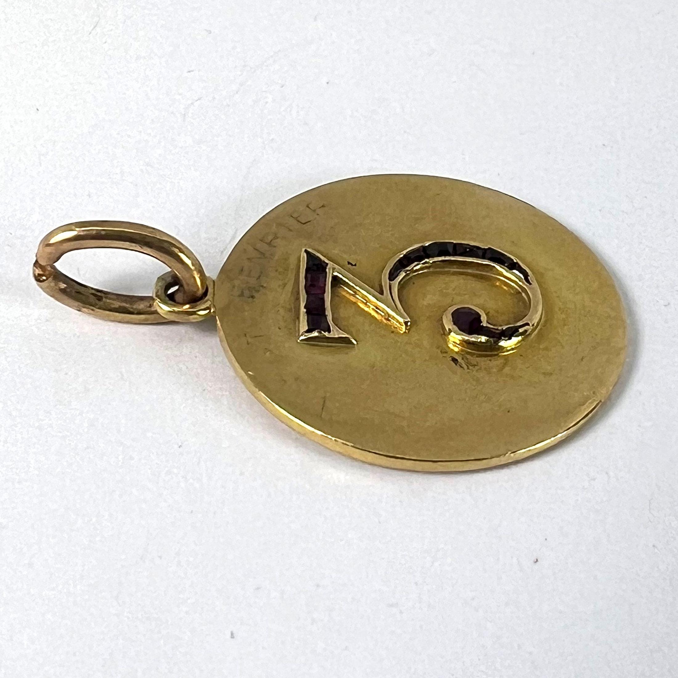 Lucky 'Number 3' Baguette Cut Ruby 18K Yellow Gold Good Luck Charm Pendant For Sale 9