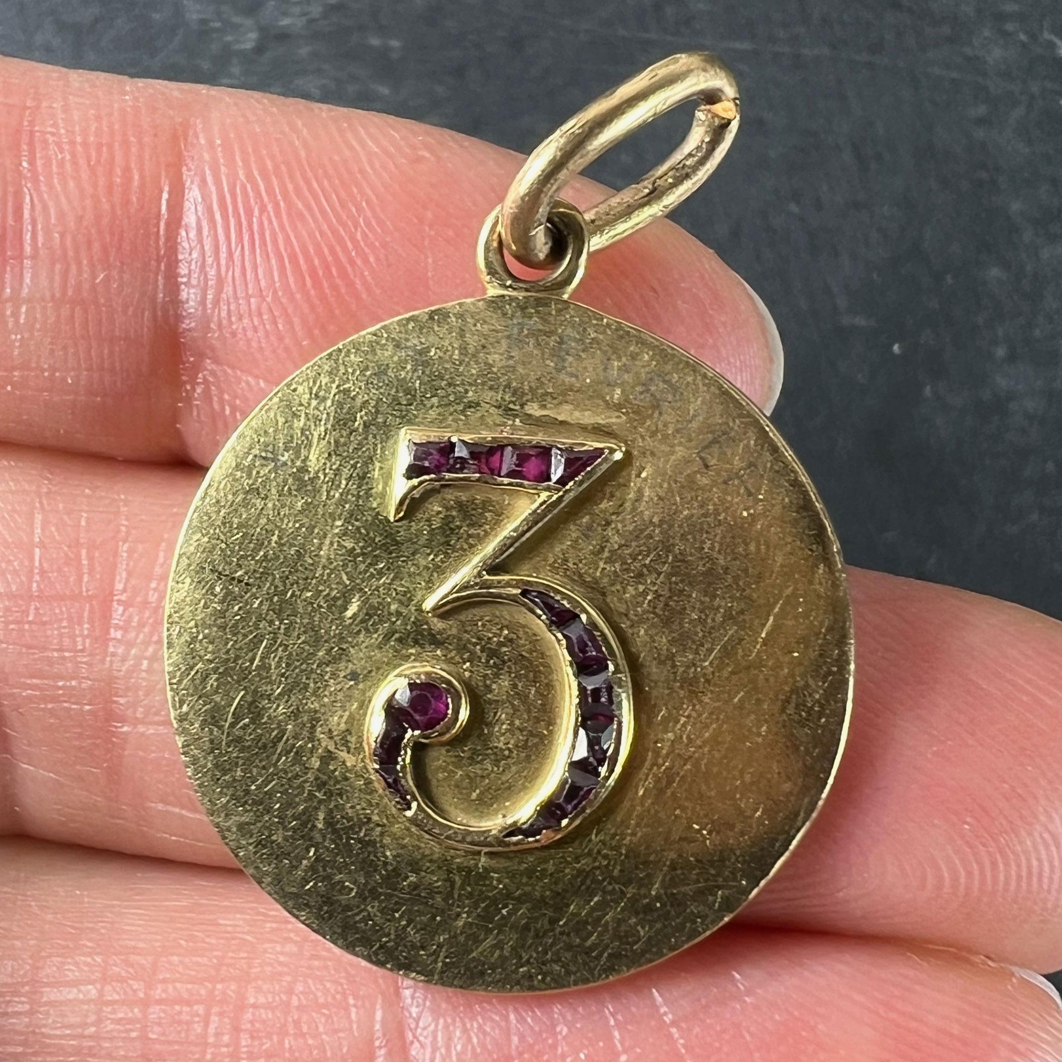 Women's or Men's Lucky 'Number 3' Baguette Cut Ruby 18K Yellow Gold Good Luck Charm Pendant For Sale