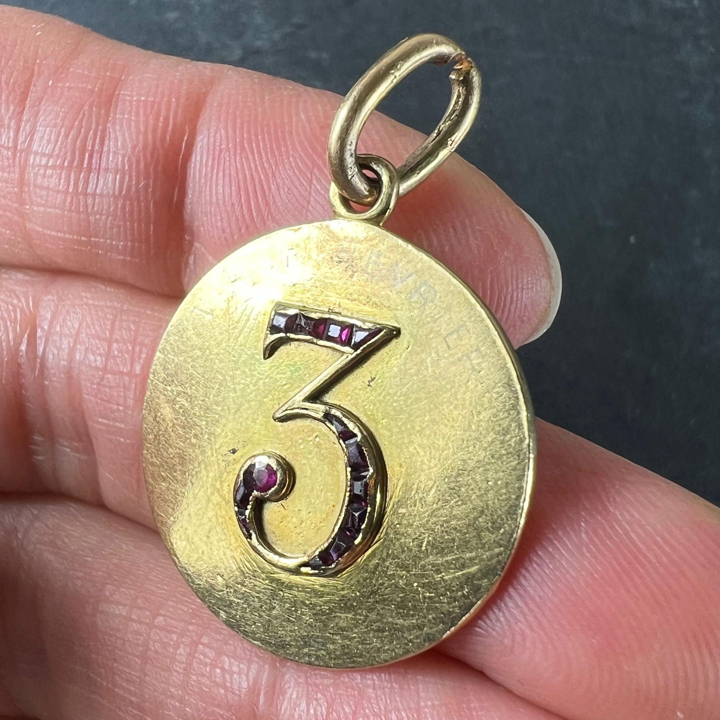 Lucky 'Number 3' Baguette Cut Ruby 18K Yellow Gold Good Luck Charm Pendant For Sale 1